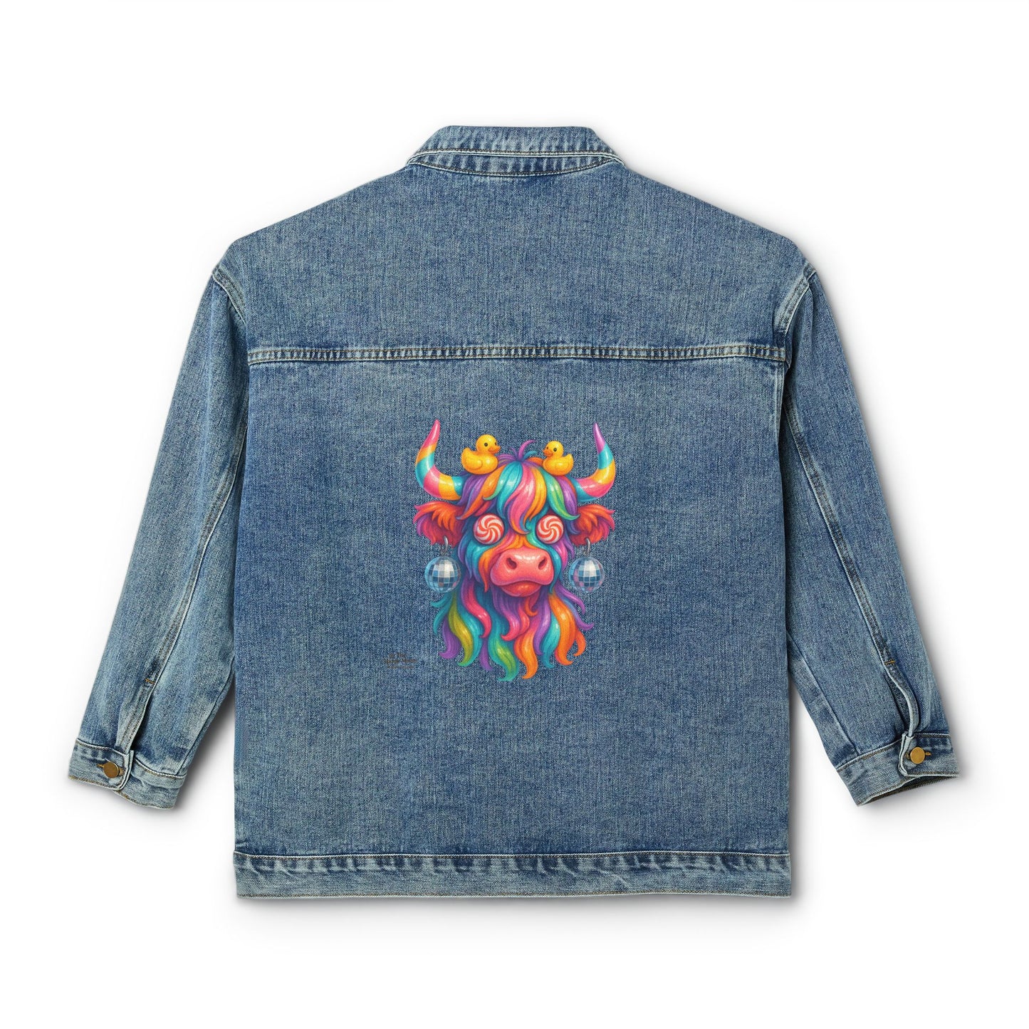 Women’s Denim Jacket with Colorful Rainbow Highland Cow Back Art