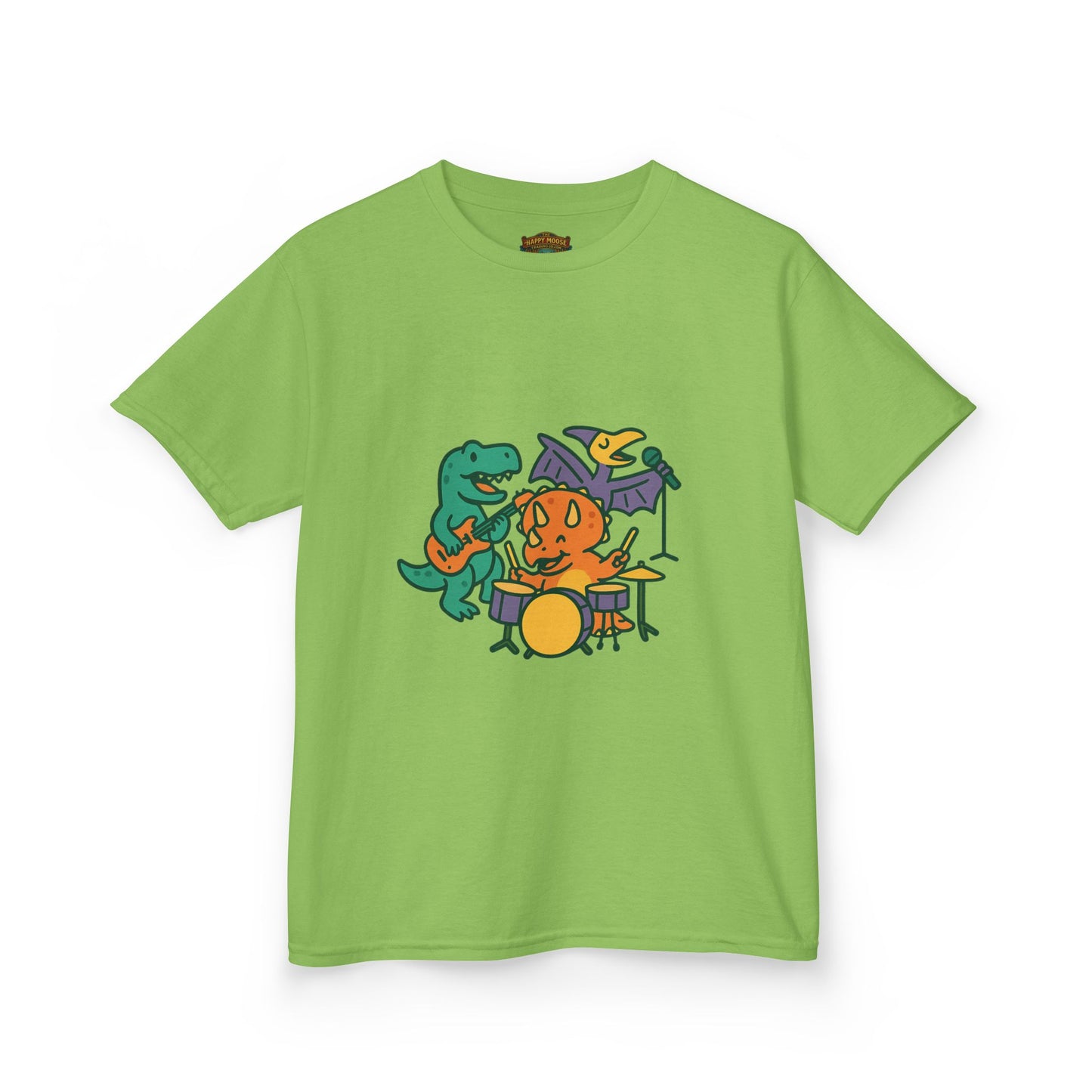 Kids Dino Band T‑Shirt — Cute Cartoon Dinosaur Drummer Tee for Boys & Girls