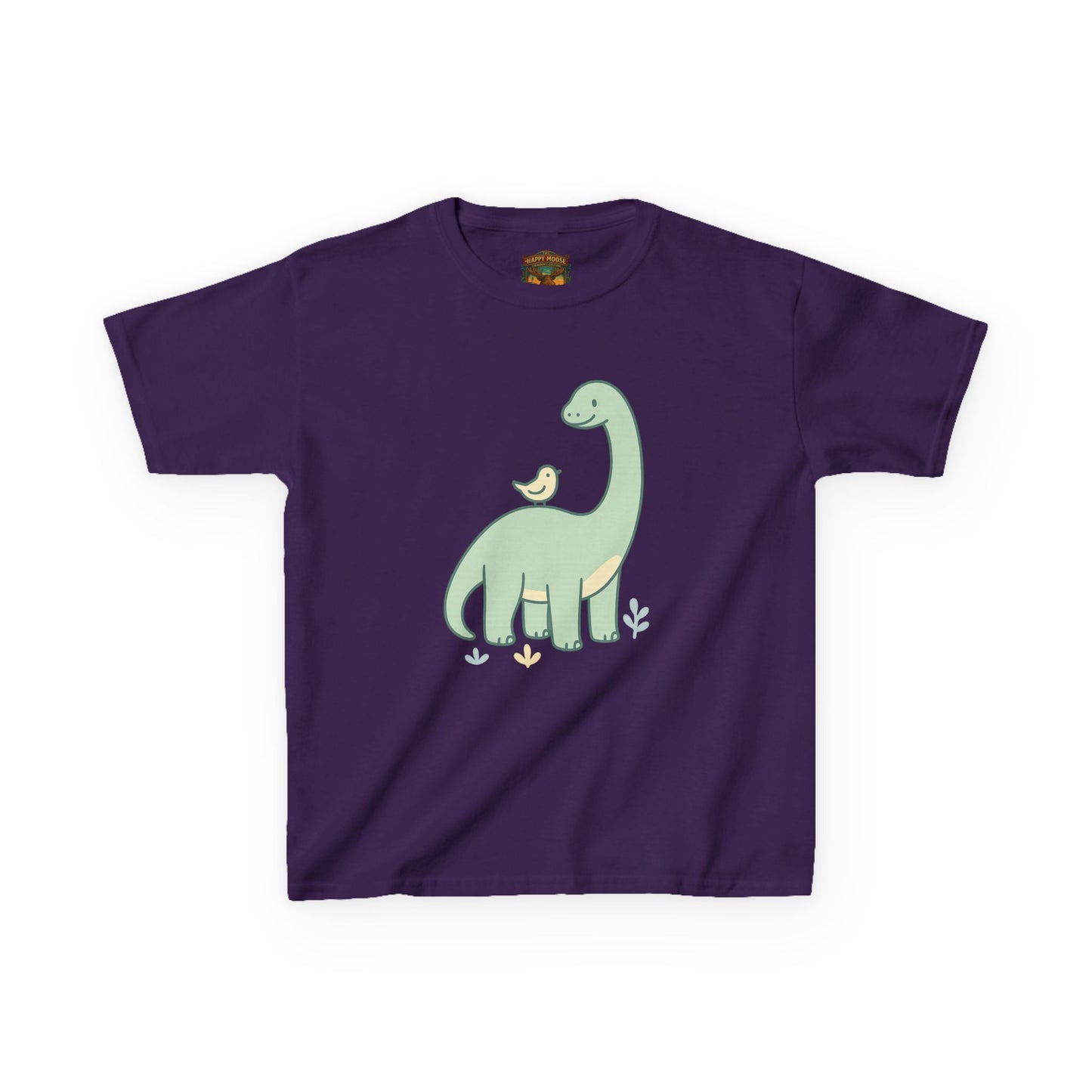 Kids Dino & Bird Tee — Cute Green Brontosaurus Graphic T‑Shirt