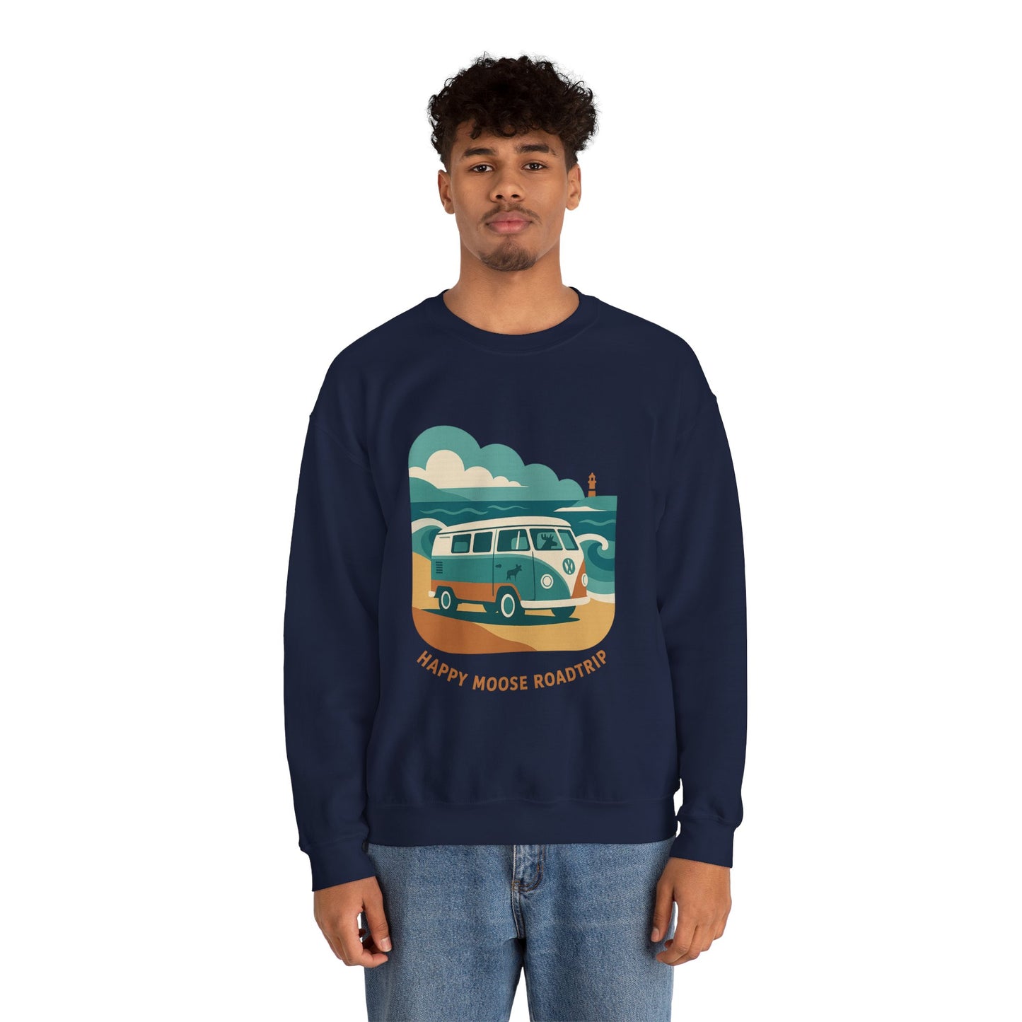 Road Trip Crewneck Sweatshirt — "Happy Moose Roadtrip" Vintage Van Graphic