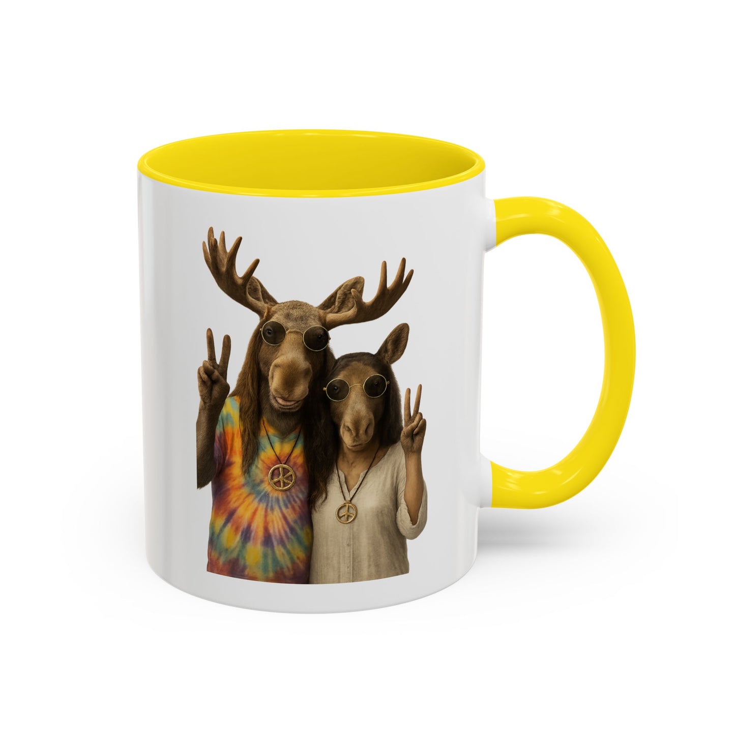 Peaceful Moose Couple Accent Coffee Mug — Hippie Tie-Dye Moose Peace Sign 11/15oz
