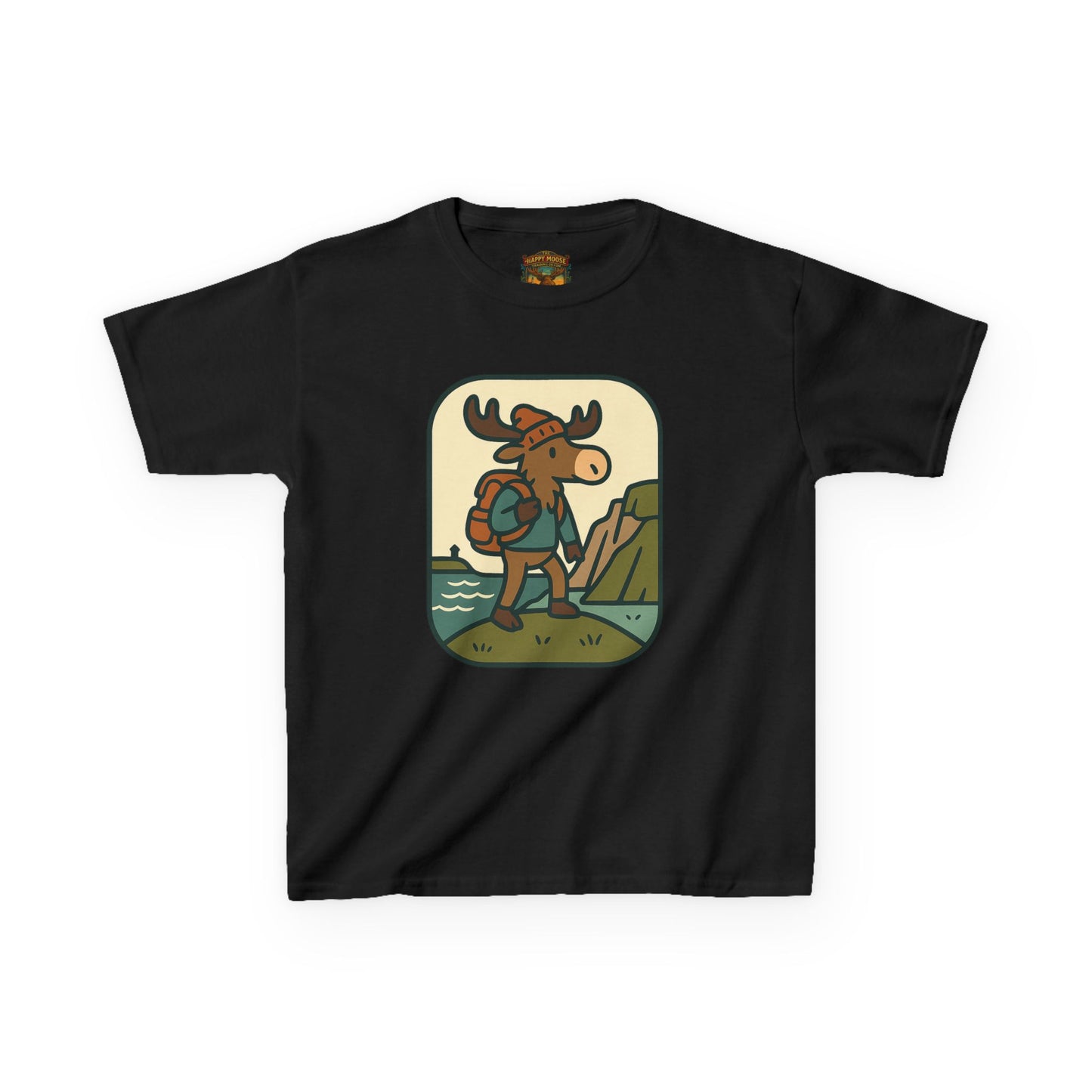 Kids Hiking Moose T‑Shirt — Cute Adventure Backpacker Tee for Boys & Girls