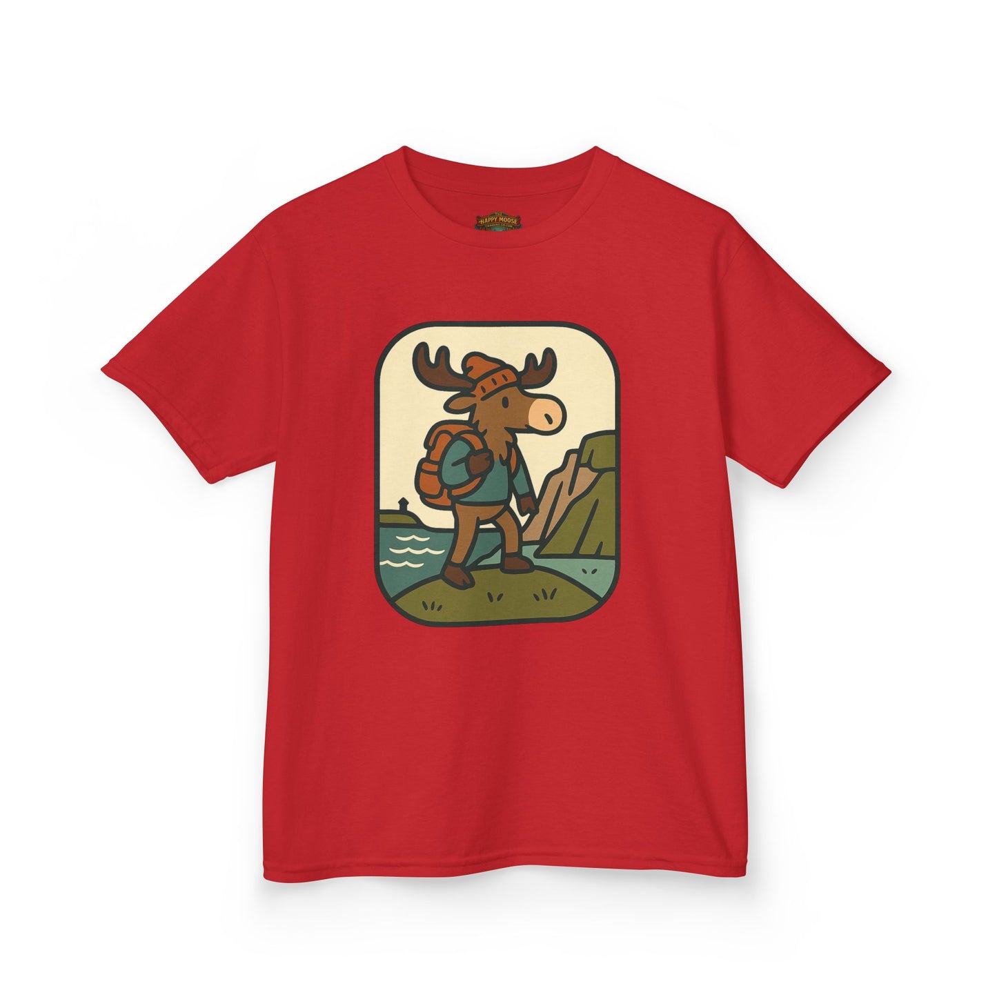Kids Hiking Moose T‑Shirt — Cute Adventure Backpacker Tee for Boys & Girls