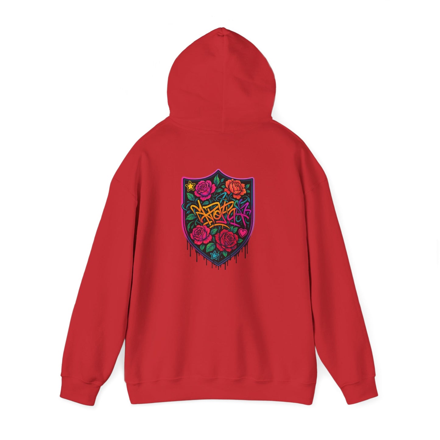 Graffiti Rose Shield Hoodie – Urban Floral Streetwear Sweatshirt