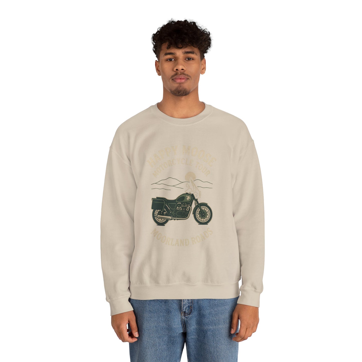 Motorcycle Crewneck Sweatshirt — "Happy Moose Motorcycle Tour" Vintage Bike Graphic