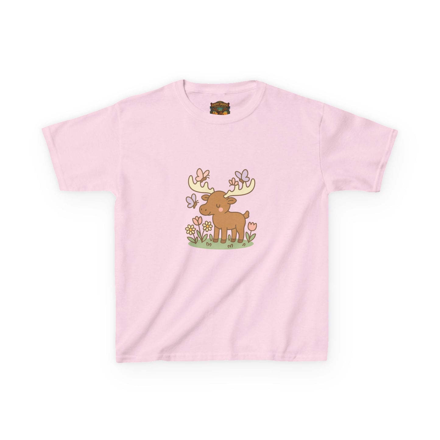 Kids T-Shirt — Cute Woodland Moose with Butterflies Kids Tee