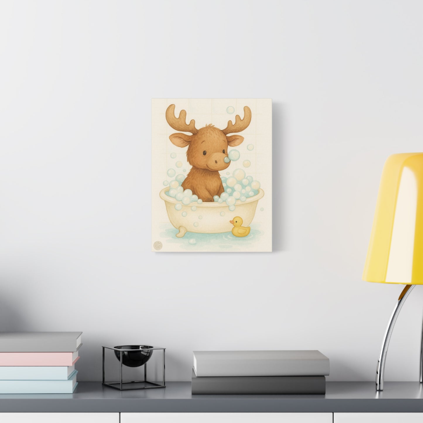 Cute Moose in Bathtub Canvas Wall Art — Baby Nursery Animal Print