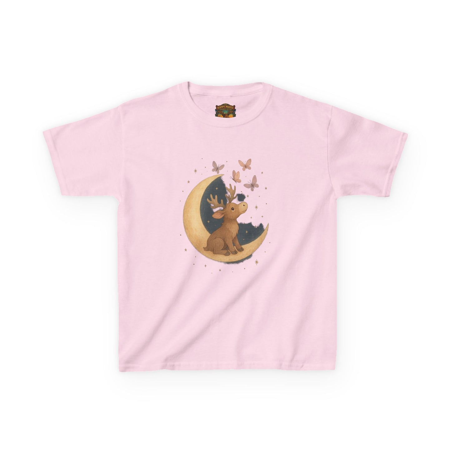 Kids Tee — Cute Puppy on Moon with Butterflies Graphic