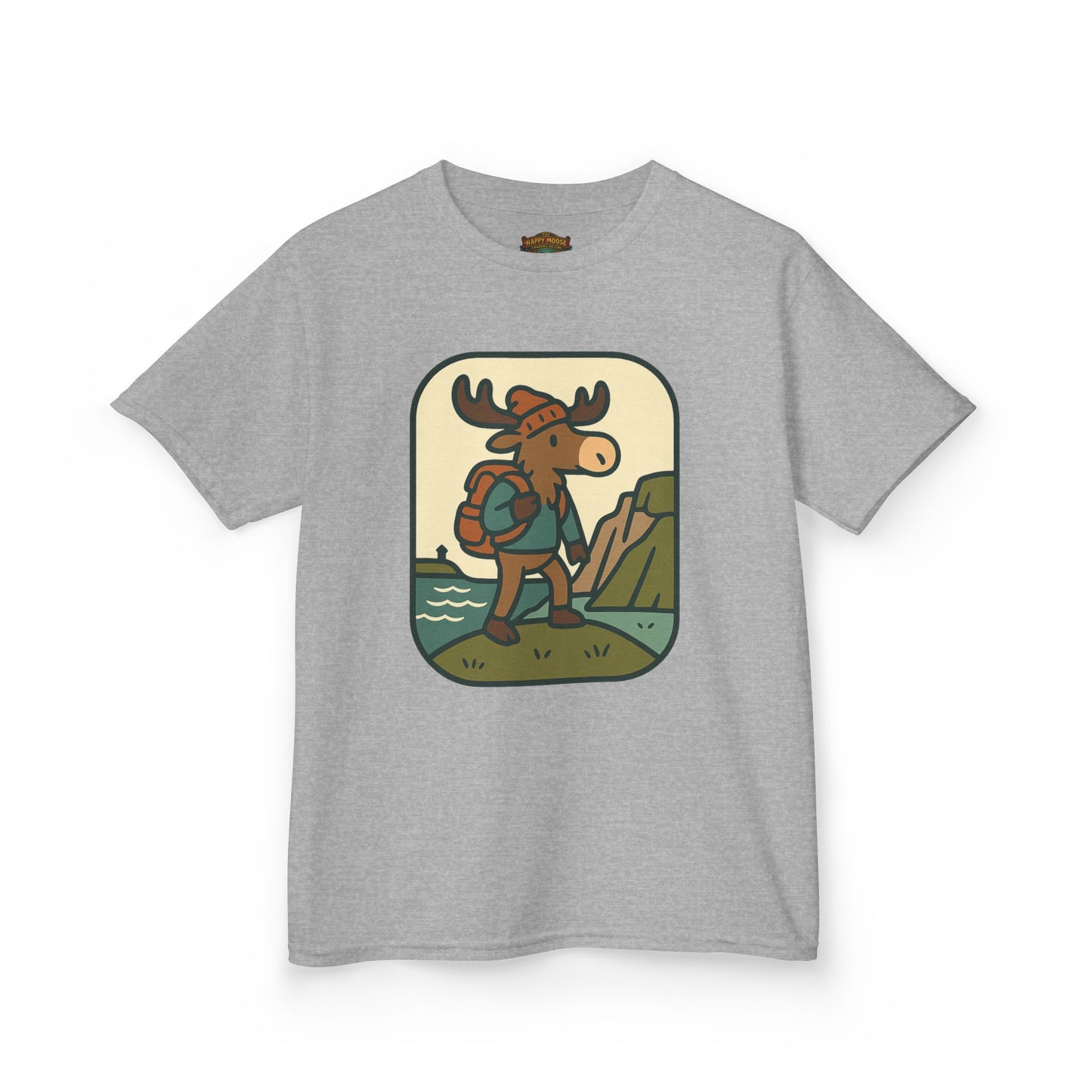 Kids Hiking Moose T‑Shirt — Cute Adventure Backpacker Tee for Boys & Girls