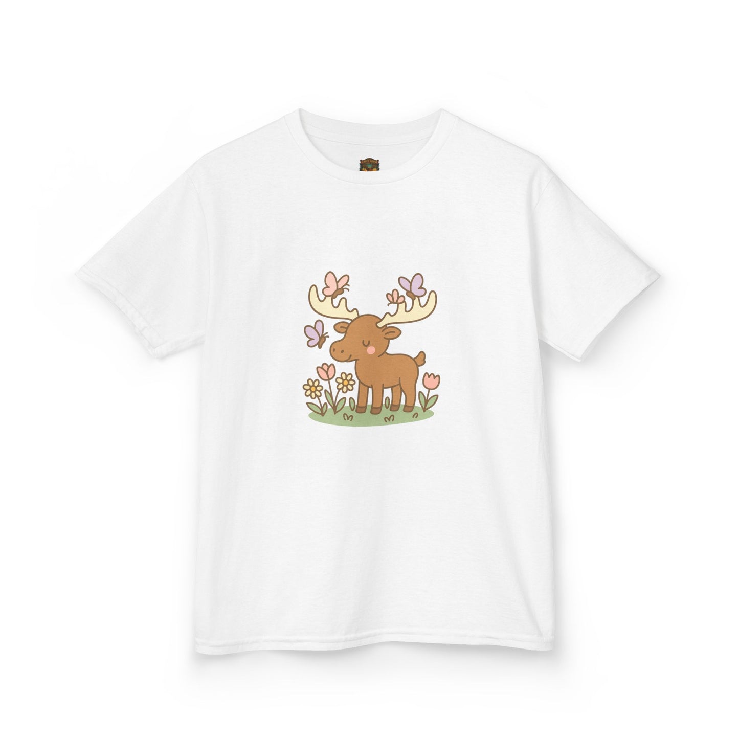 Kids T-Shirt — Cute Woodland Moose with Butterflies Kids Tee