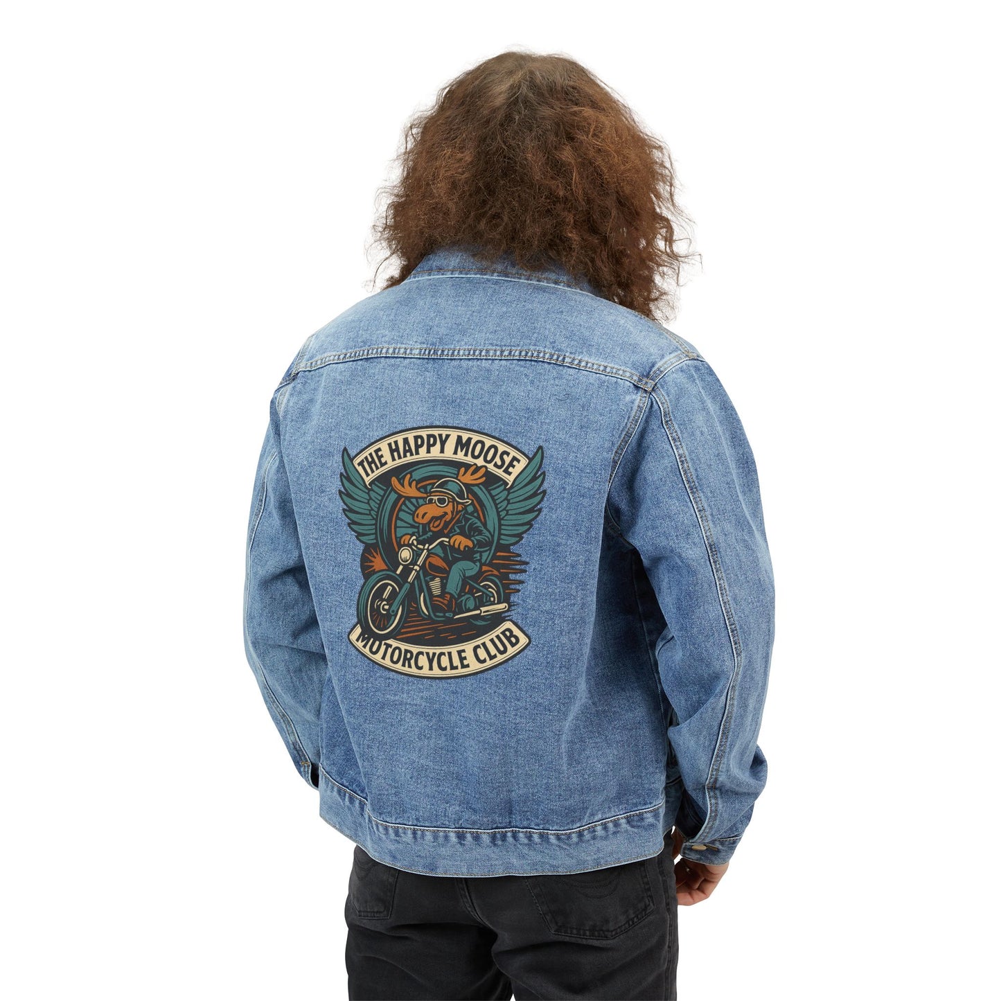 Men's Denim Jacket with 'The Happy Moose Motorcycle Club' Vintage Patch — Biker Style Jean Jacket