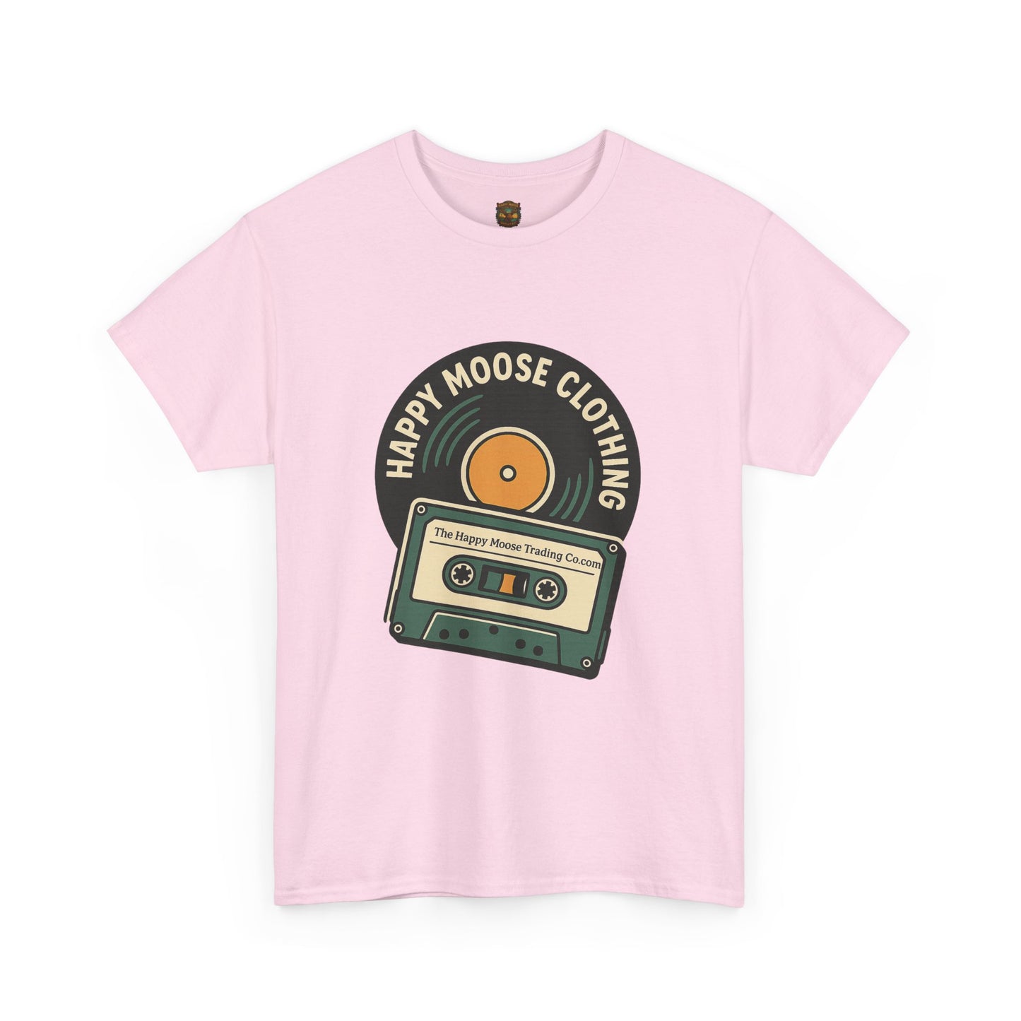 Cassette & Vinyl Retro Tee — “Happy Moose Clothing” Vintage Music Graphic T-Shirt