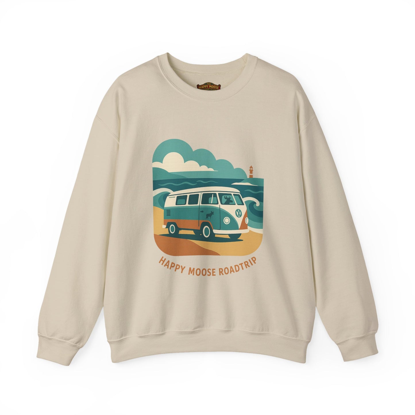 Road Trip Crewneck Sweatshirt — "Happy Moose Roadtrip" Vintage Van Graphic