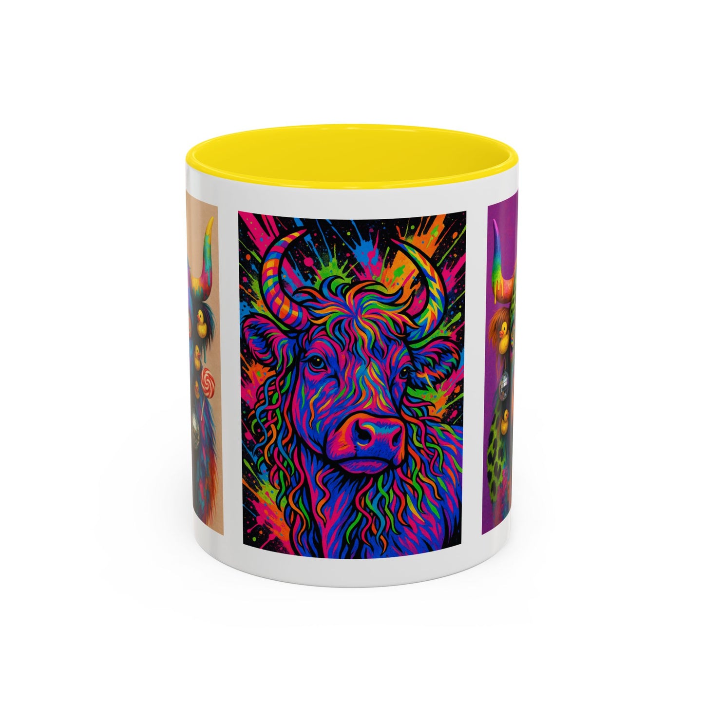 Psychedelic Highland Cow Accent Coffee Mug — Colorful Neon Farm Animal Art (11/15 oz)