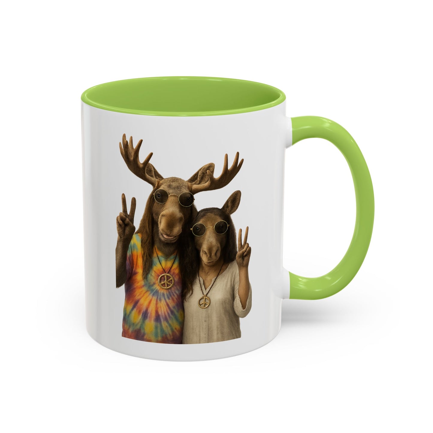 Peaceful Moose Couple Accent Coffee Mug — Hippie Tie-Dye Moose Peace Sign 11/15oz