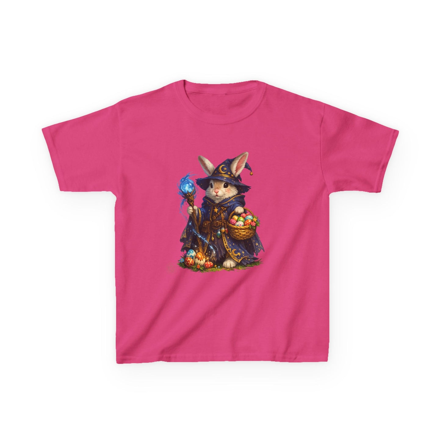 Kids Wizard Bunny T-Shirt — Cute Magic Rabbit with Staff & Basket of Treats