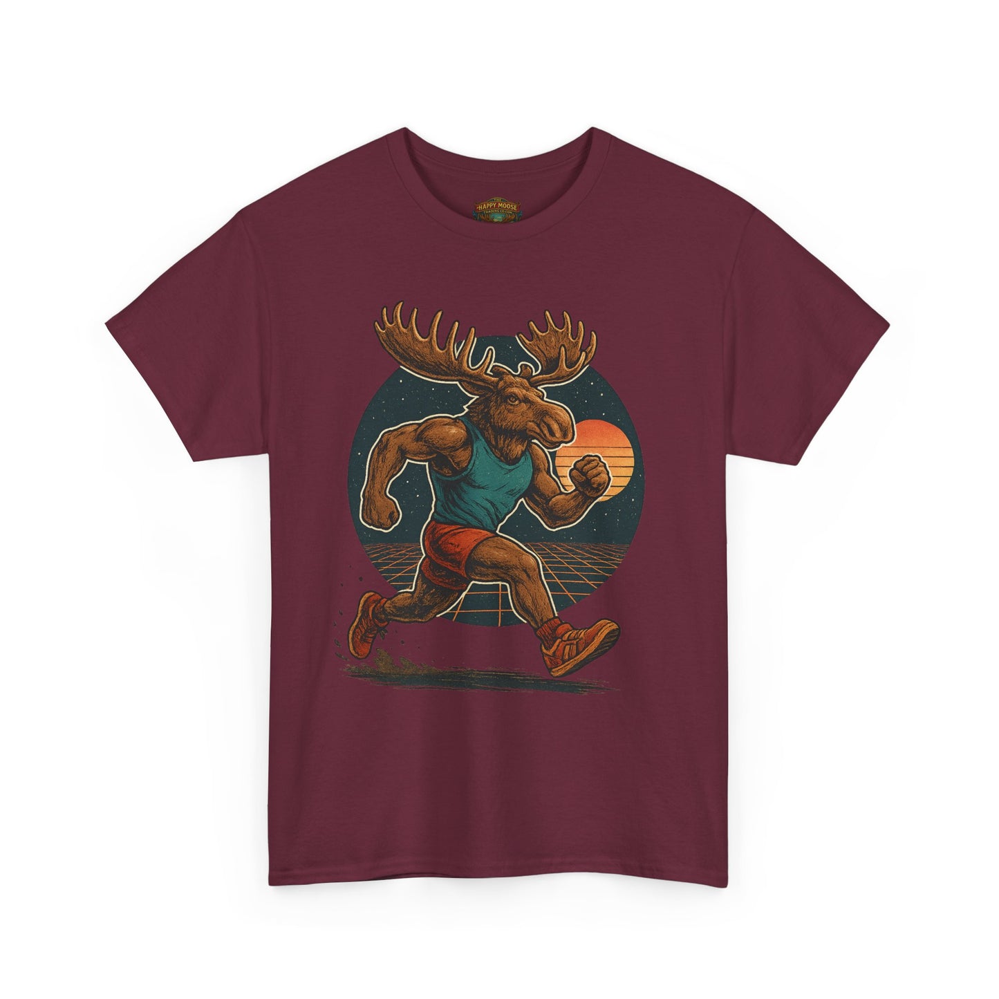 Running Moose Graphic Tee - Retro Sunset Jogging Animal Fitness Shirt