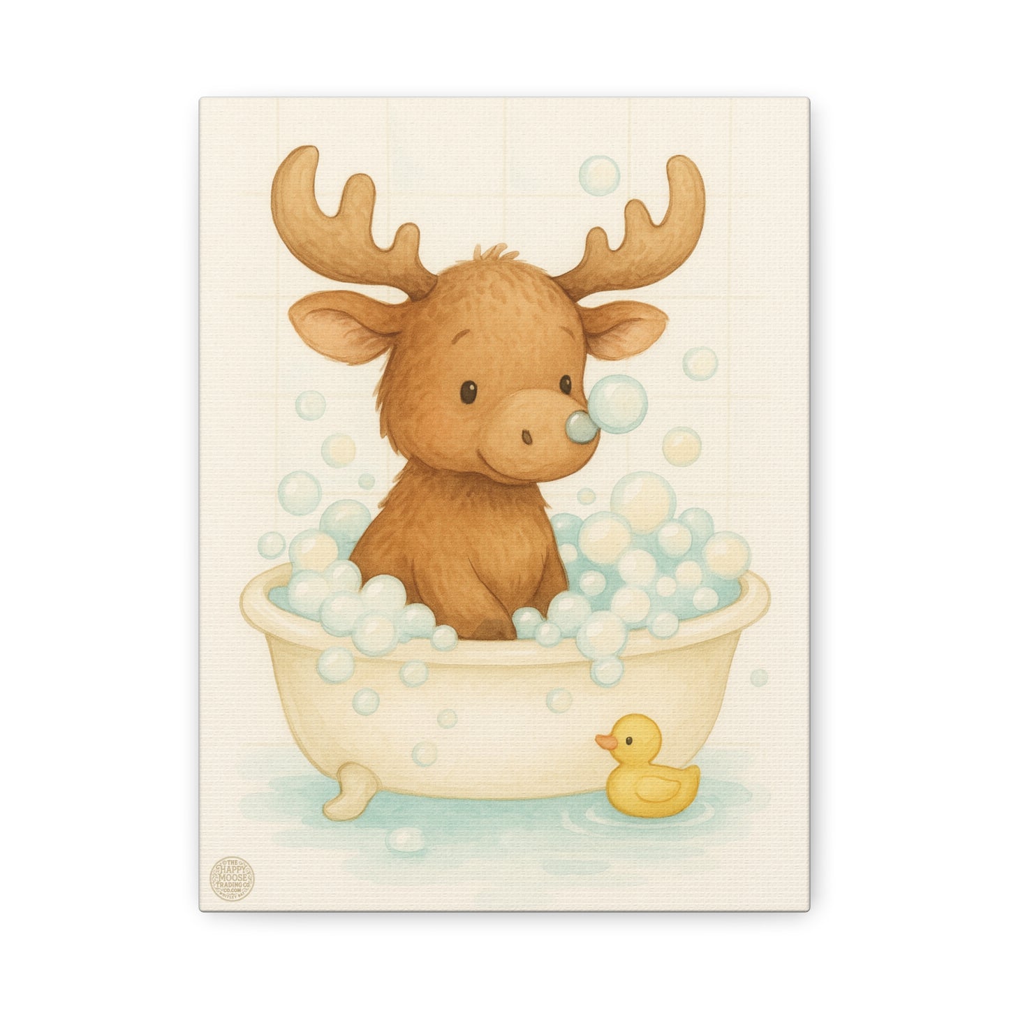 Cute Moose in Bathtub Canvas Wall Art — Baby Nursery Animal Print