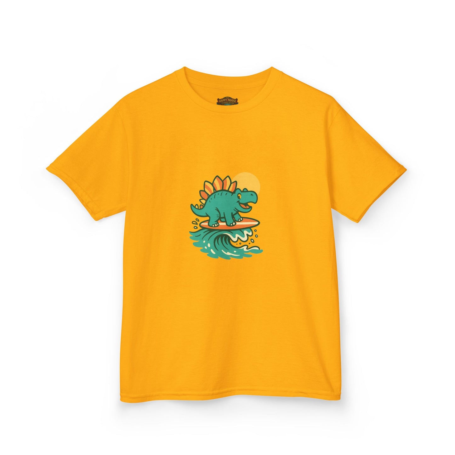 Kids Surfing Dinosaur T-Shirt — Cute Stegosaurus on Wave Graphic Tee