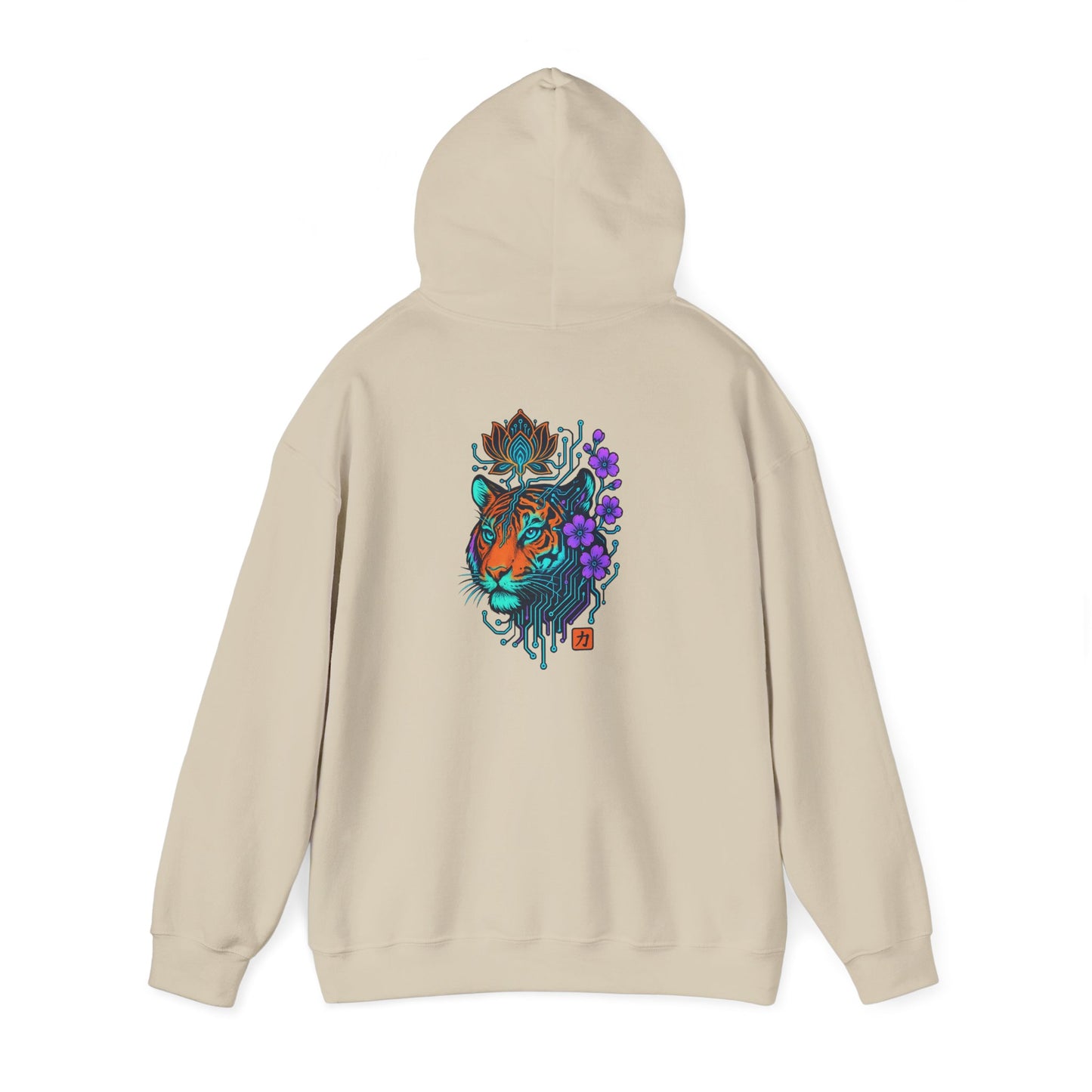 Tiger Floral Hoodie — Vibrant Tiger Head with Purple Blooms Graphic