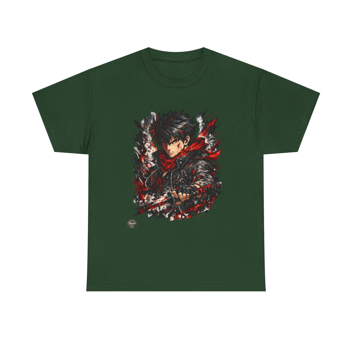 Anime Warrior Graphic Tee — Red Scarf Battle Art T-Shirt #E001