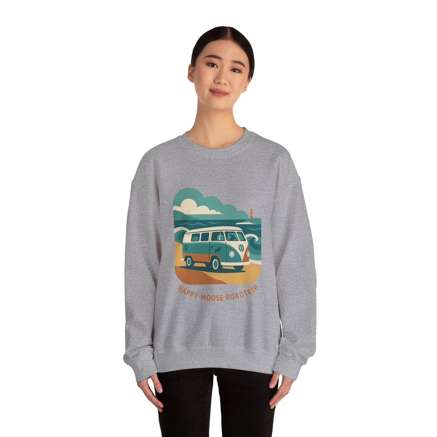 Road Trip Crewneck Sweatshirt — "Happy Moose Roadtrip" Vintage Van Graphic