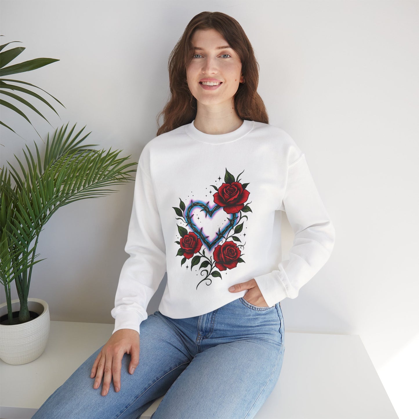 Heart & Roses Crewneck Sweatshirt — Gothic Floral Heart Design