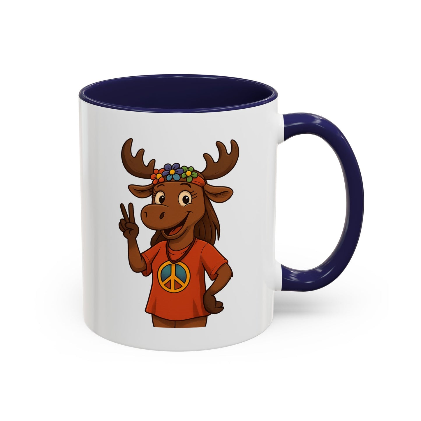 Peace Sign Moose Accent Coffee Mug — Hippie Moose with Flower Crown (11/15oz)