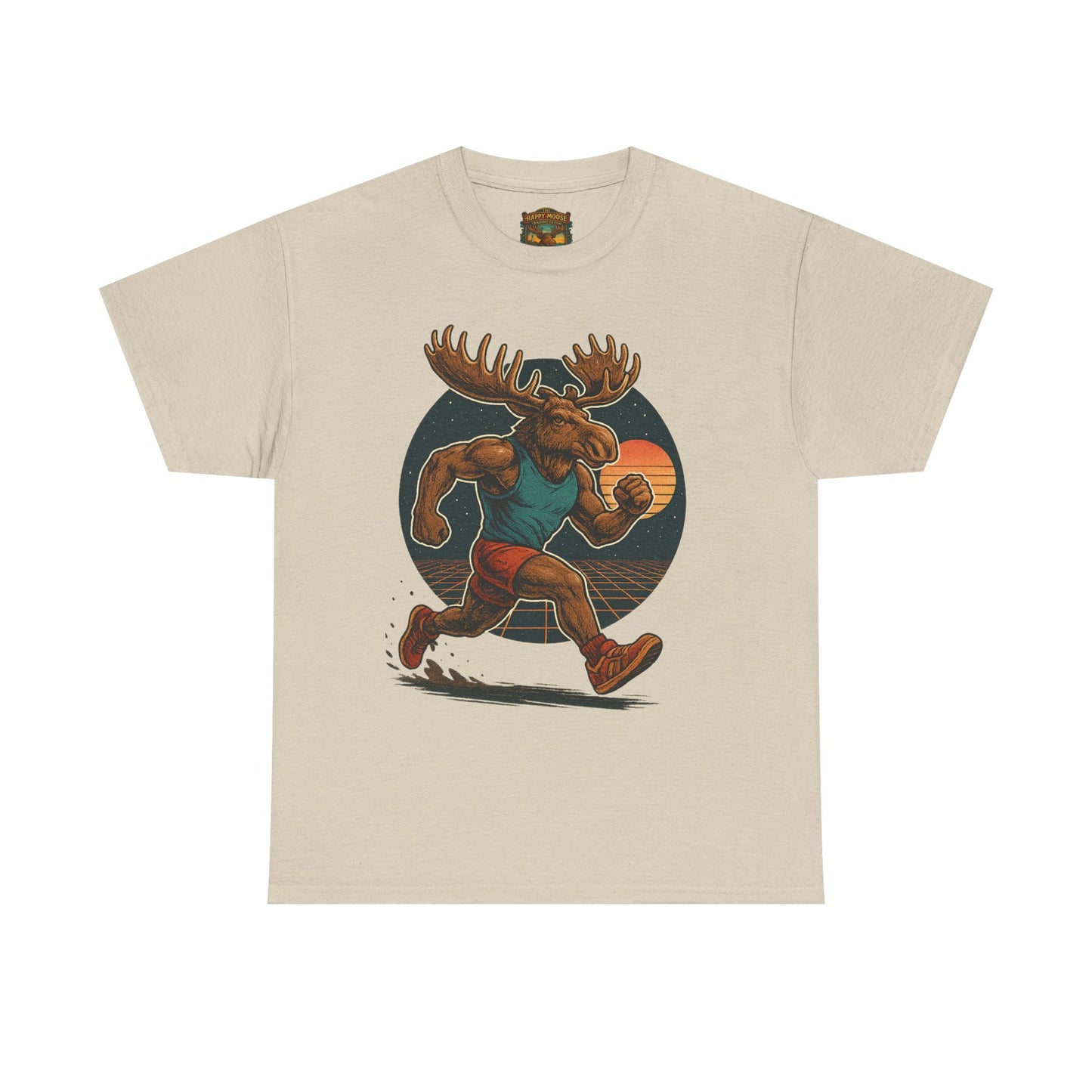Running Moose Graphic Tee - Retro Sunset Jogging Animal Fitness Shirt