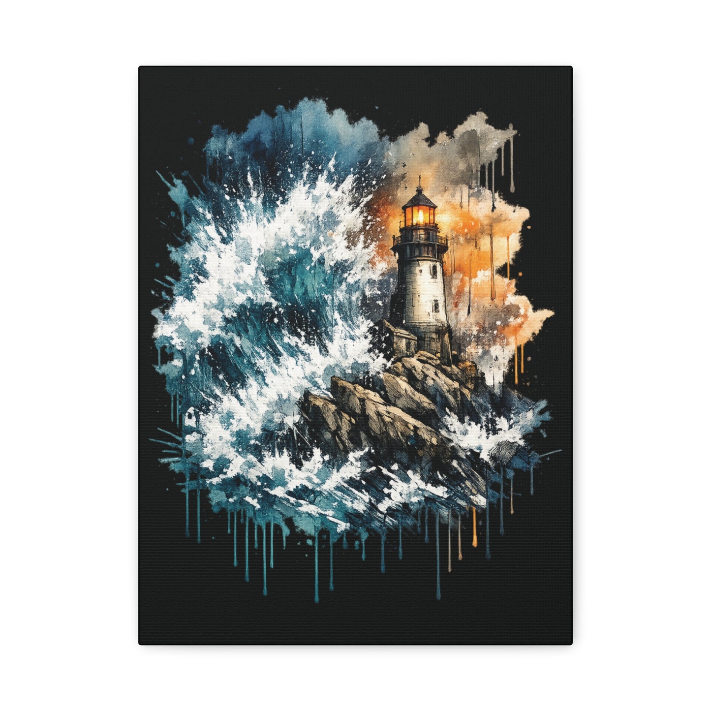 Lighthouse Storm Matte Canvas Wall Art — Dramatic Ocean Wave Seascape C001