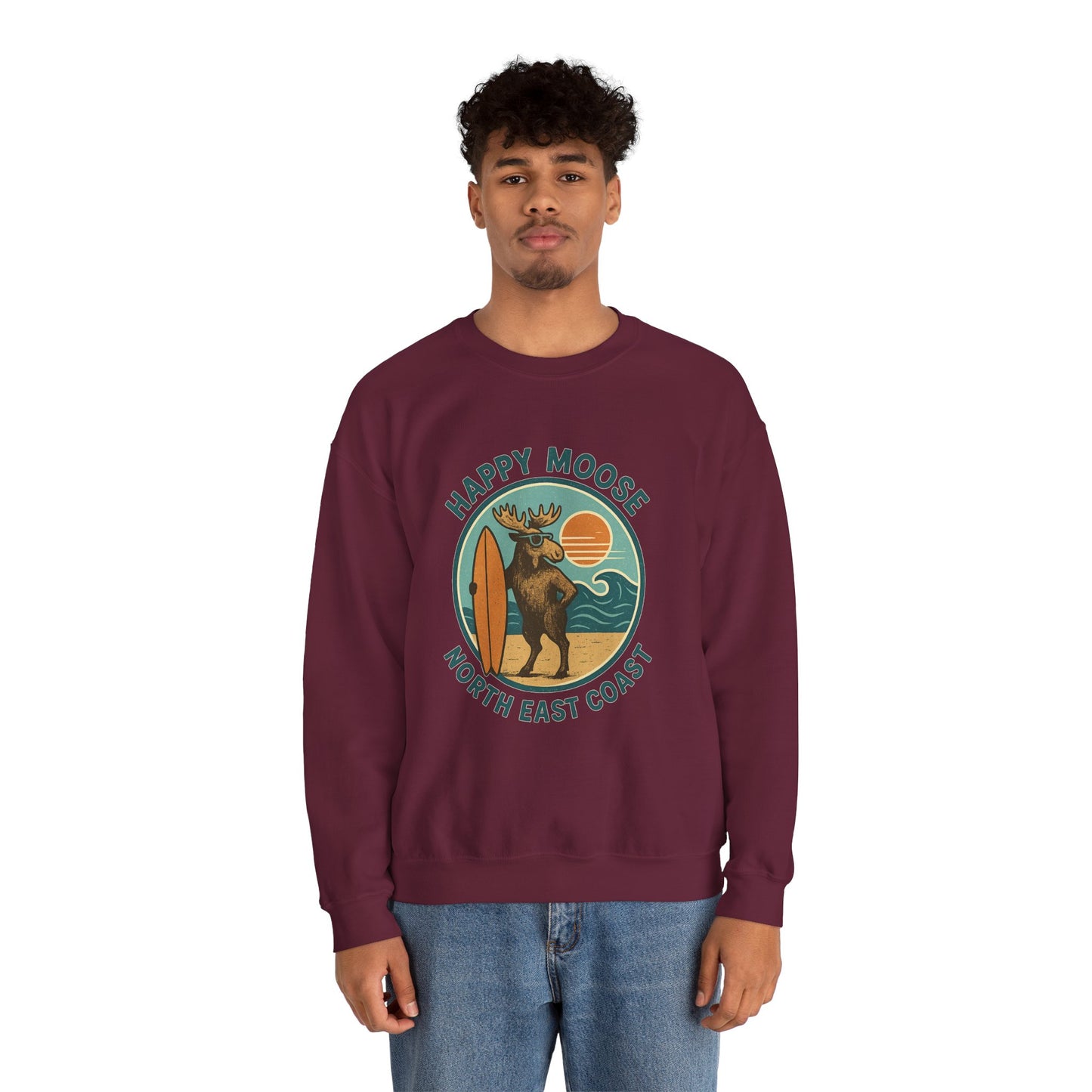 Happy Moose North East Coast Crewneck Sweatshirt — Vintage Surf Moose Graphic