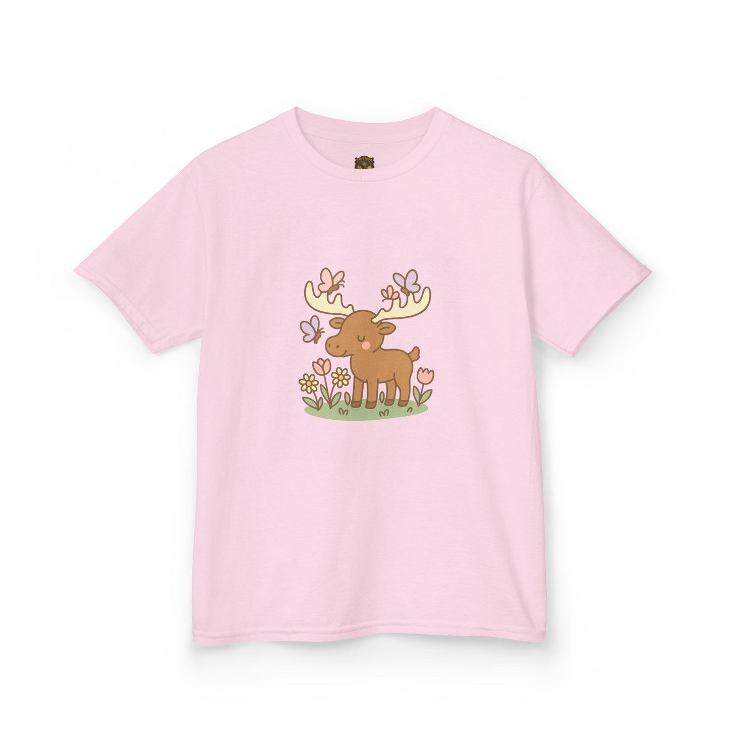 Kids T-Shirt — Cute Woodland Moose with Butterflies Kids Tee
