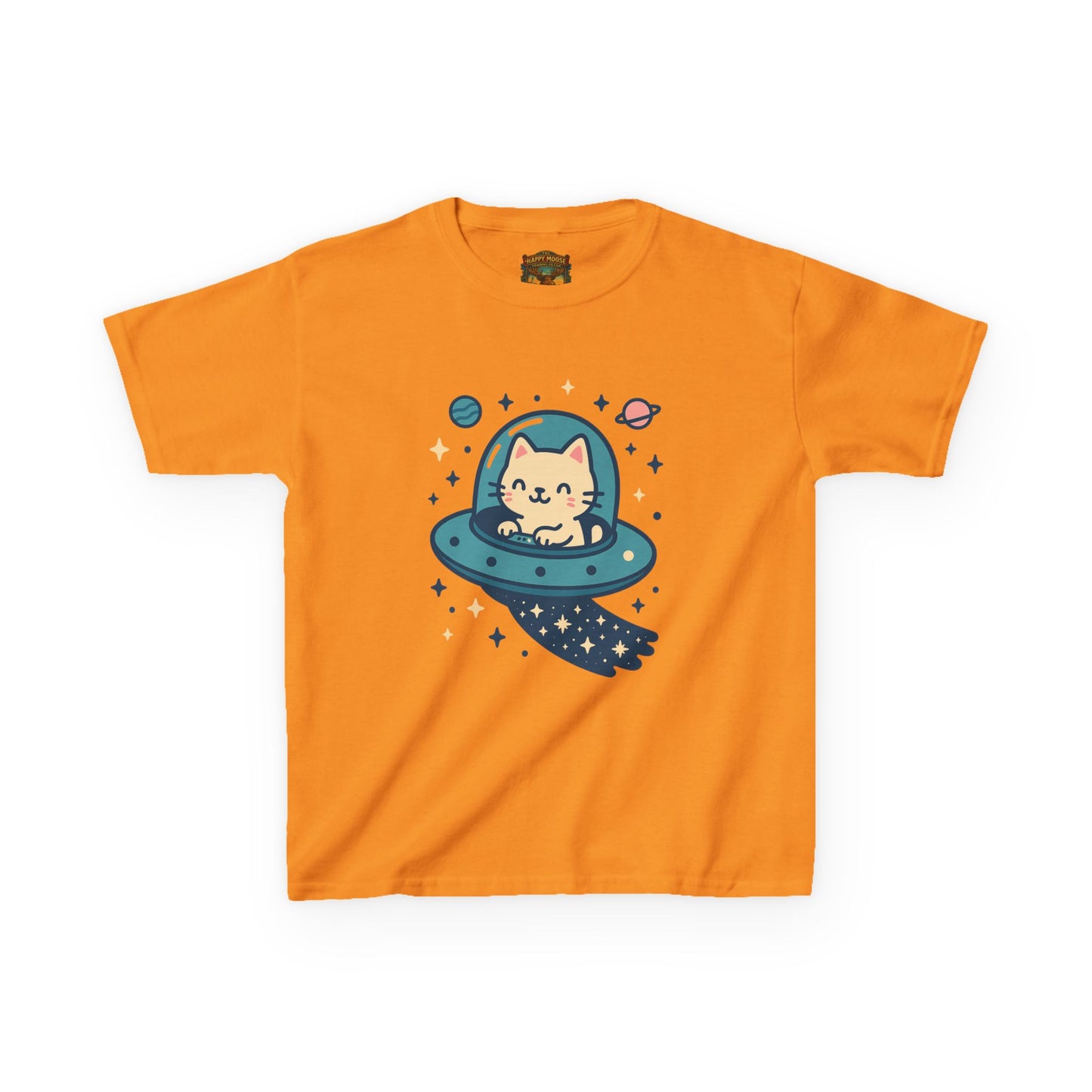 Kids Tee — Cute Cat in UFO Spacecraft Graphic