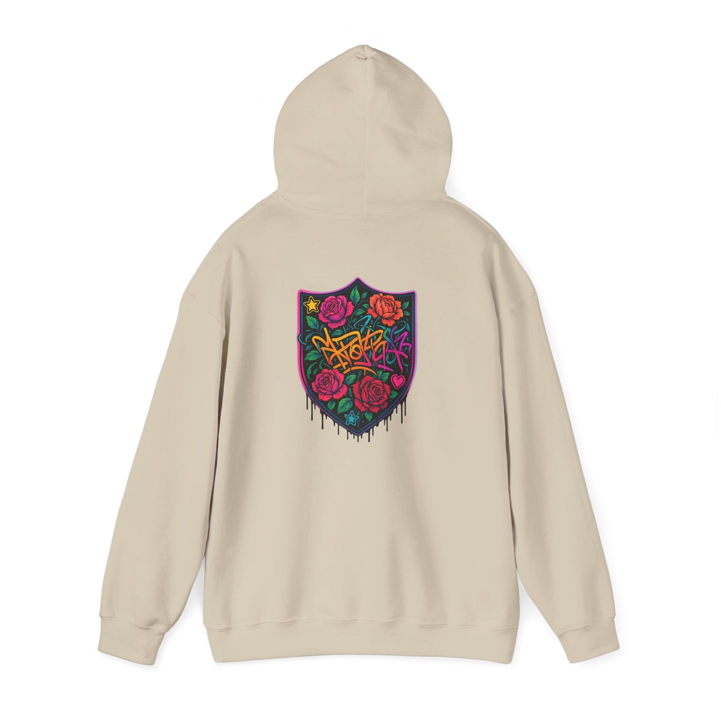 Graffiti Rose Shield Hoodie – Urban Floral Streetwear Sweatshirt