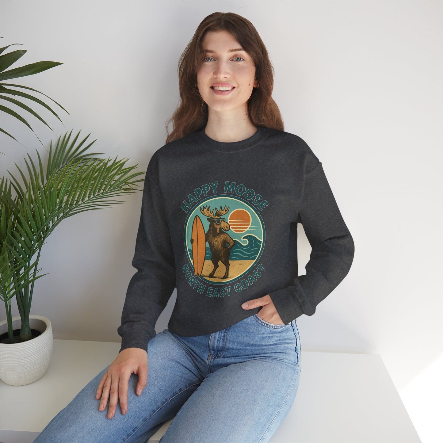 Happy Moose North East Coast Crewneck Sweatshirt — Vintage Surf Moose Graphic