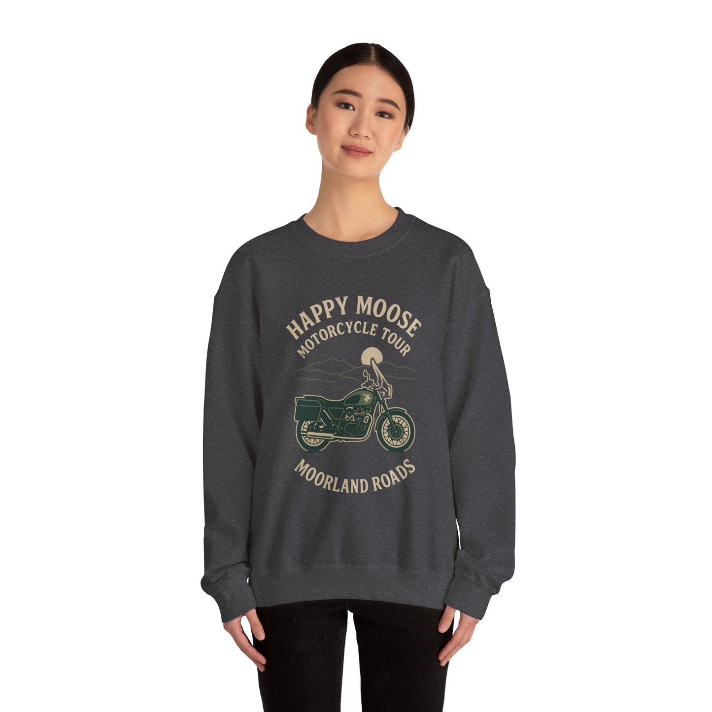 Motorcycle Crewneck Sweatshirt — "Happy Moose Motorcycle Tour" Vintage Bike Graphic