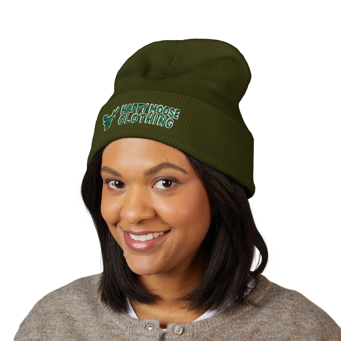 Happy Moose Embroidered Cuffed Beanie