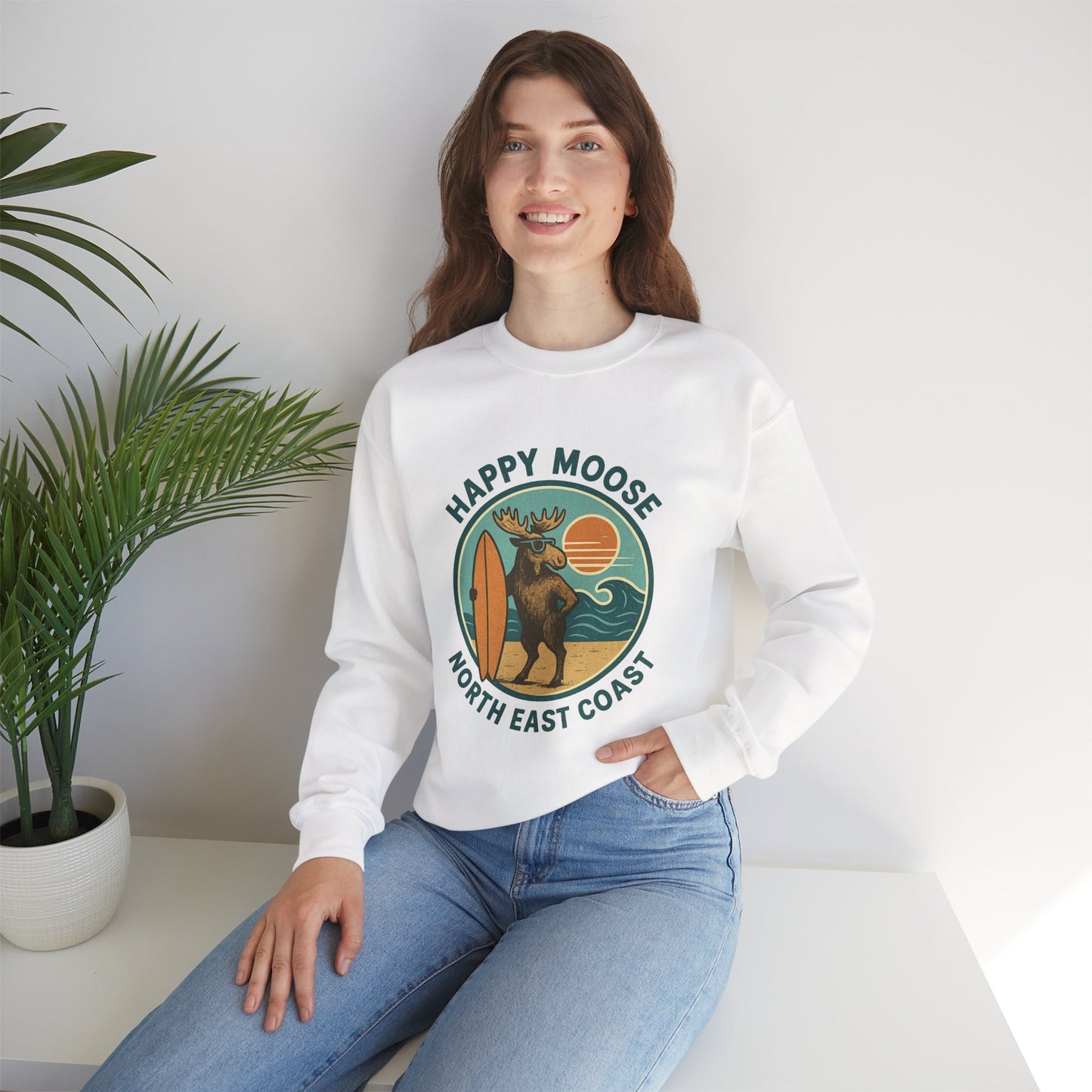 Happy Moose North East Coast Crewneck Sweatshirt — Vintage Surf Moose Graphic
