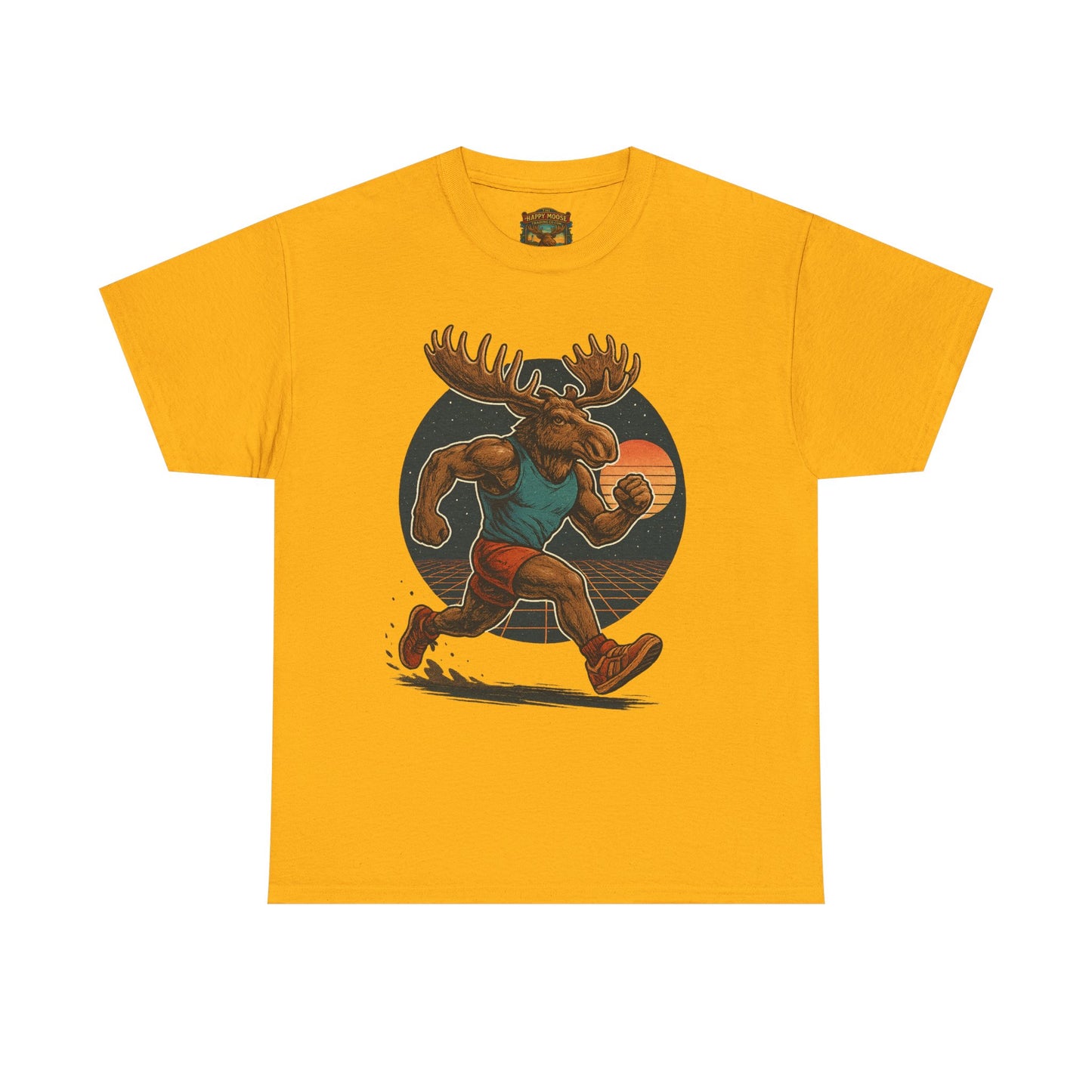 Running Moose Graphic Tee - Retro Sunset Jogging Animal Fitness Shirt