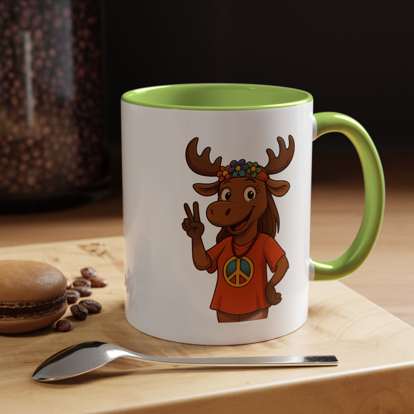 Peace Sign Moose Accent Coffee Mug — Hippie Moose with Flower Crown (11/15oz)
