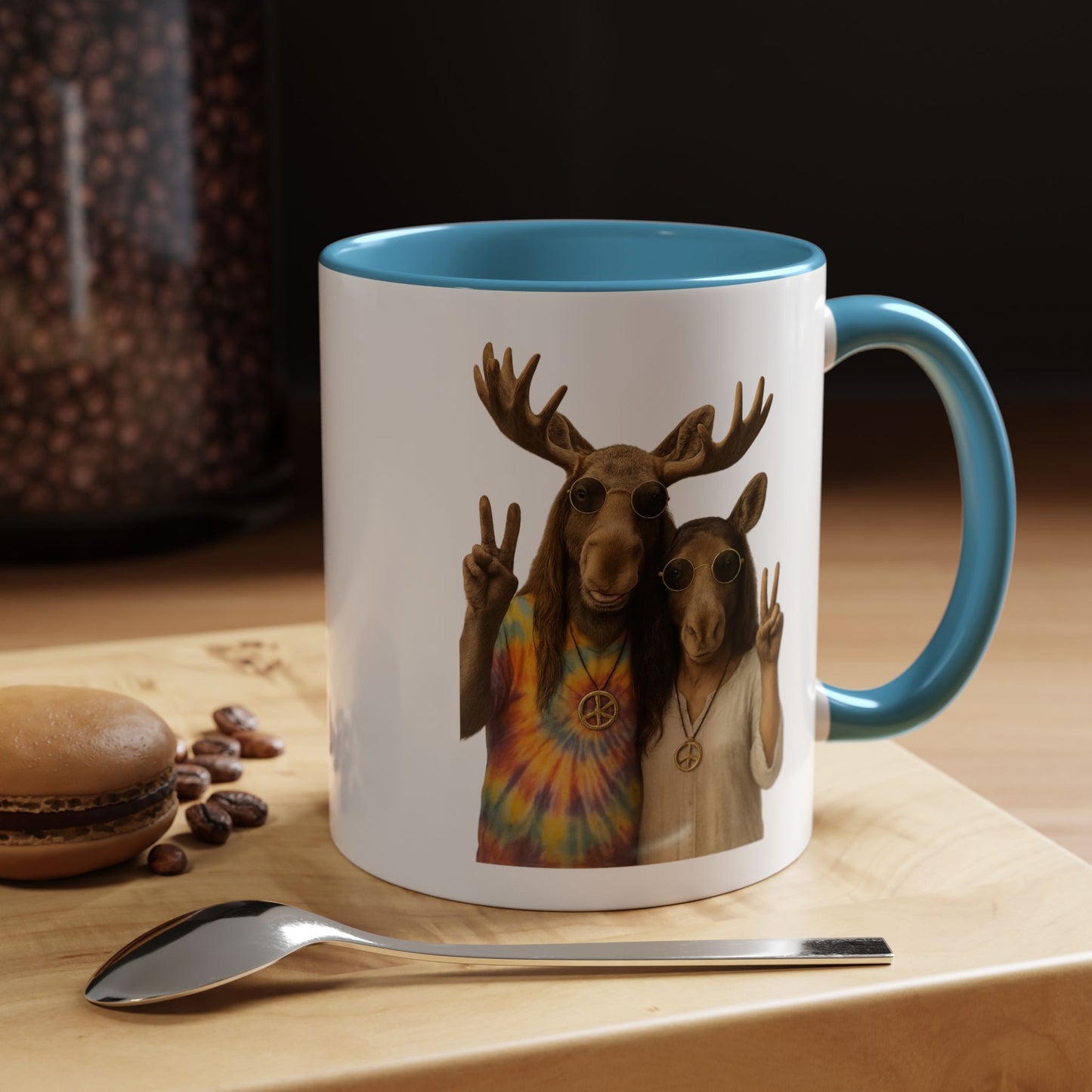 Peaceful Moose Couple Accent Coffee Mug — Hippie Tie-Dye Moose Peace Sign 11/15oz