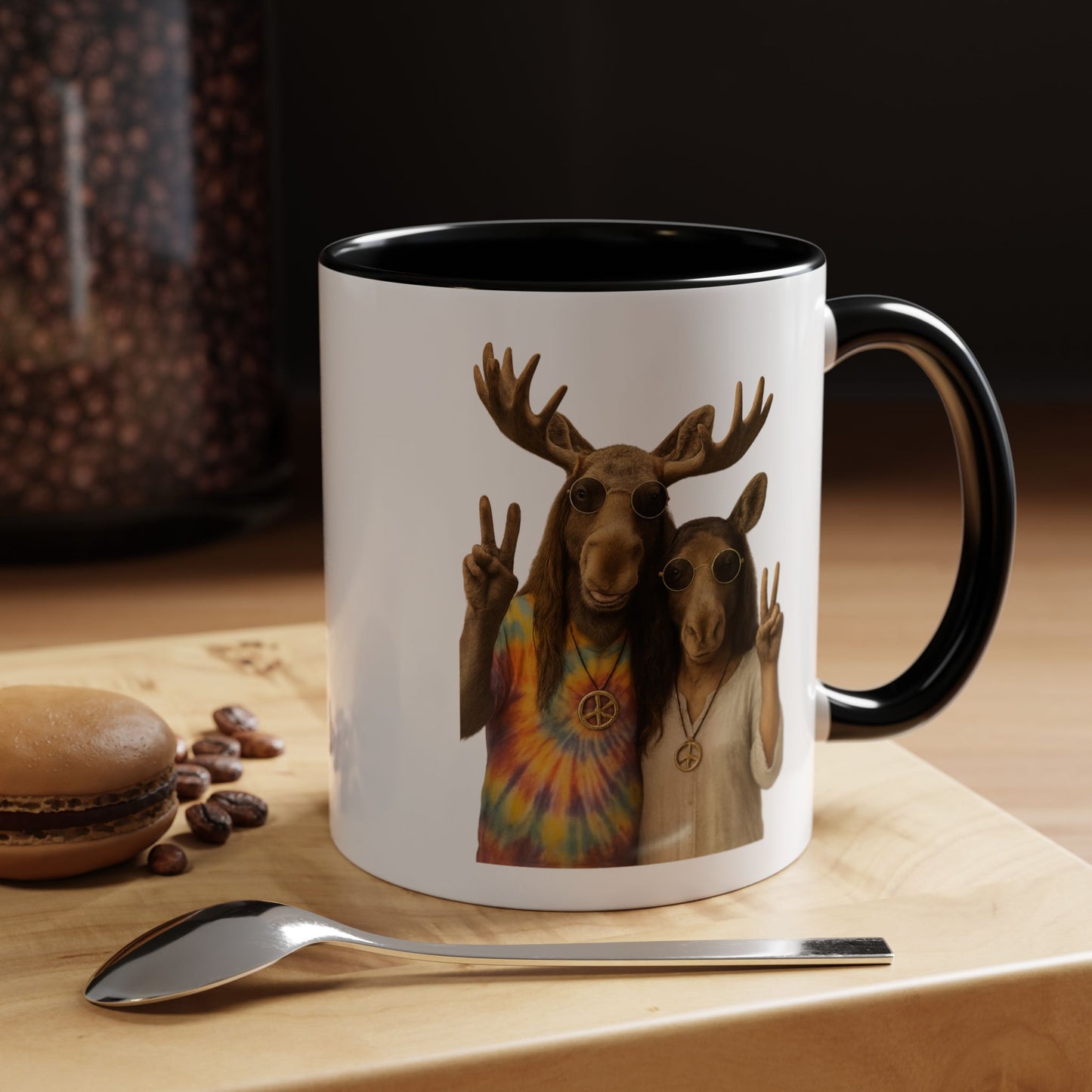 Peaceful Moose Couple Accent Coffee Mug — Hippie Tie-Dye Moose Peace Sign 11/15oz