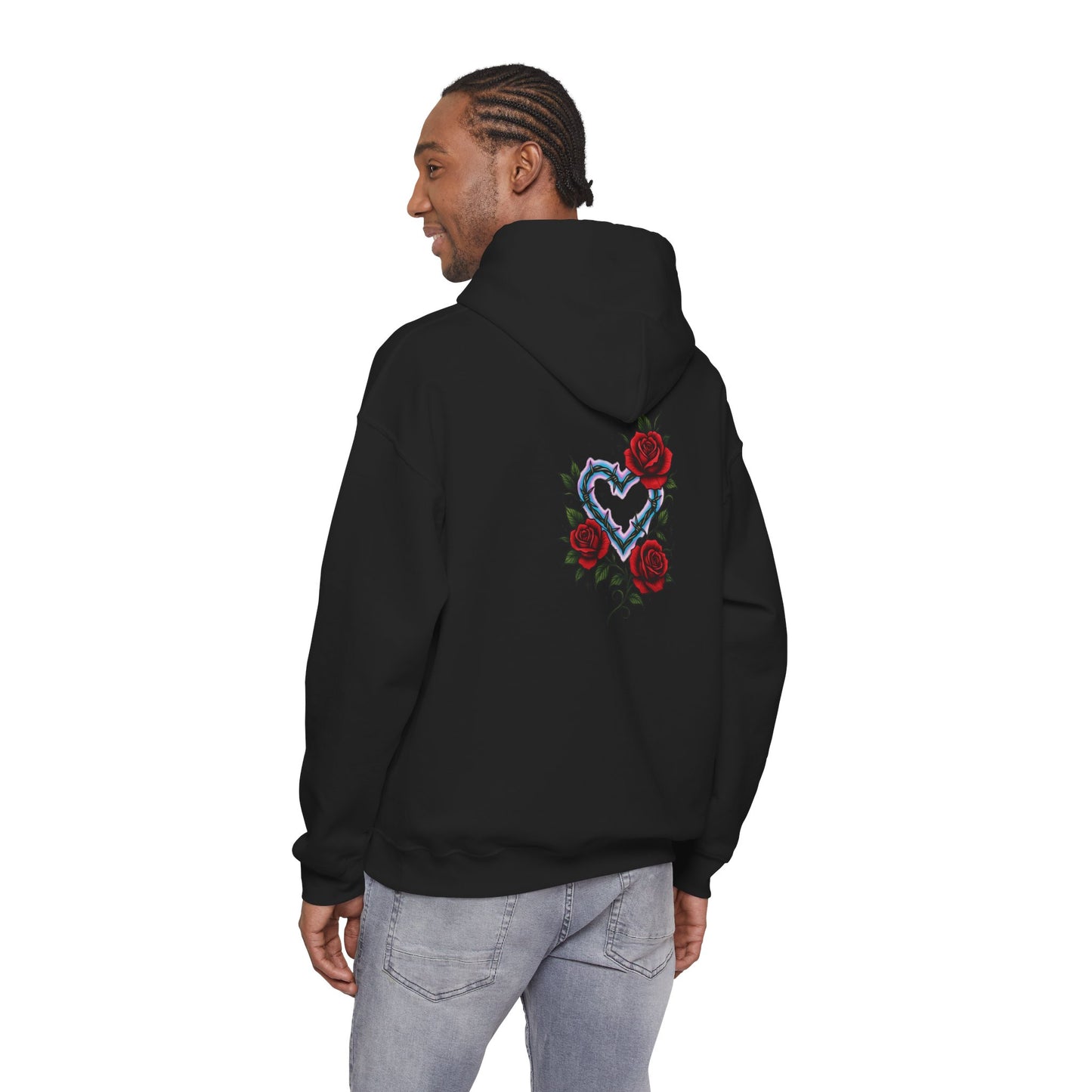 Hoodie — Smoky Heart with Red Roses Back Graphic
