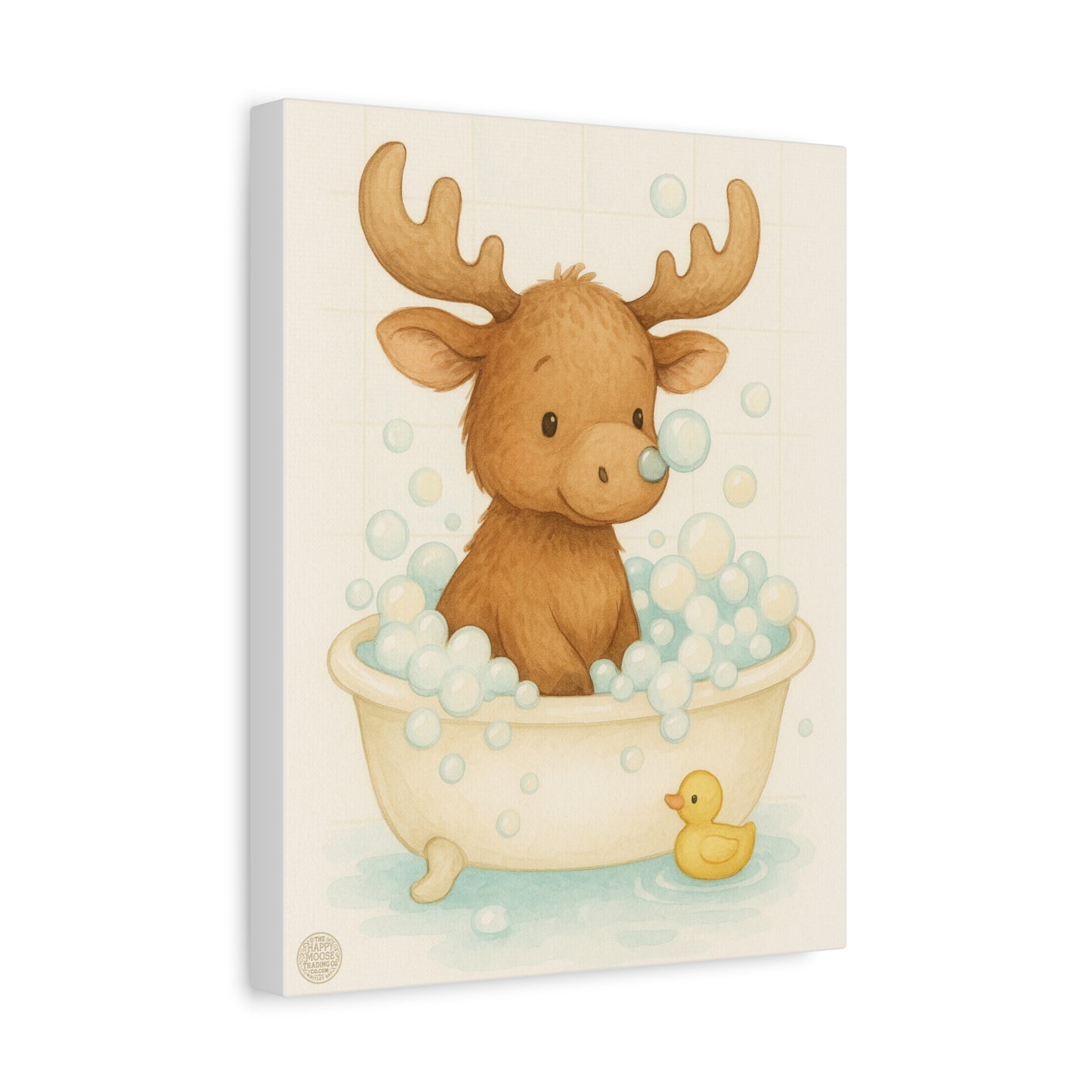 Cute Moose in Bathtub Canvas Wall Art — Baby Nursery Animal Print