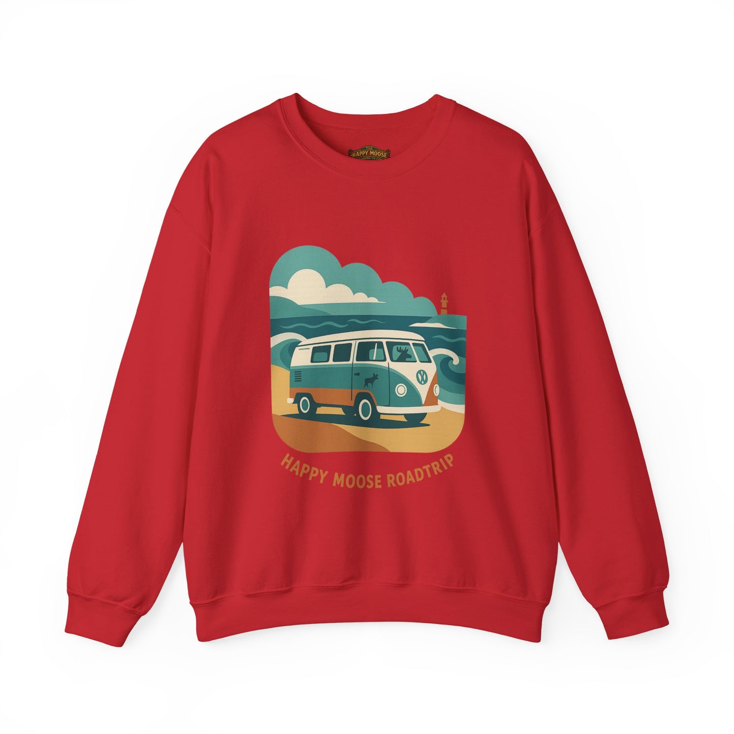Road Trip Crewneck Sweatshirt — "Happy Moose Roadtrip" Vintage Van Graphic