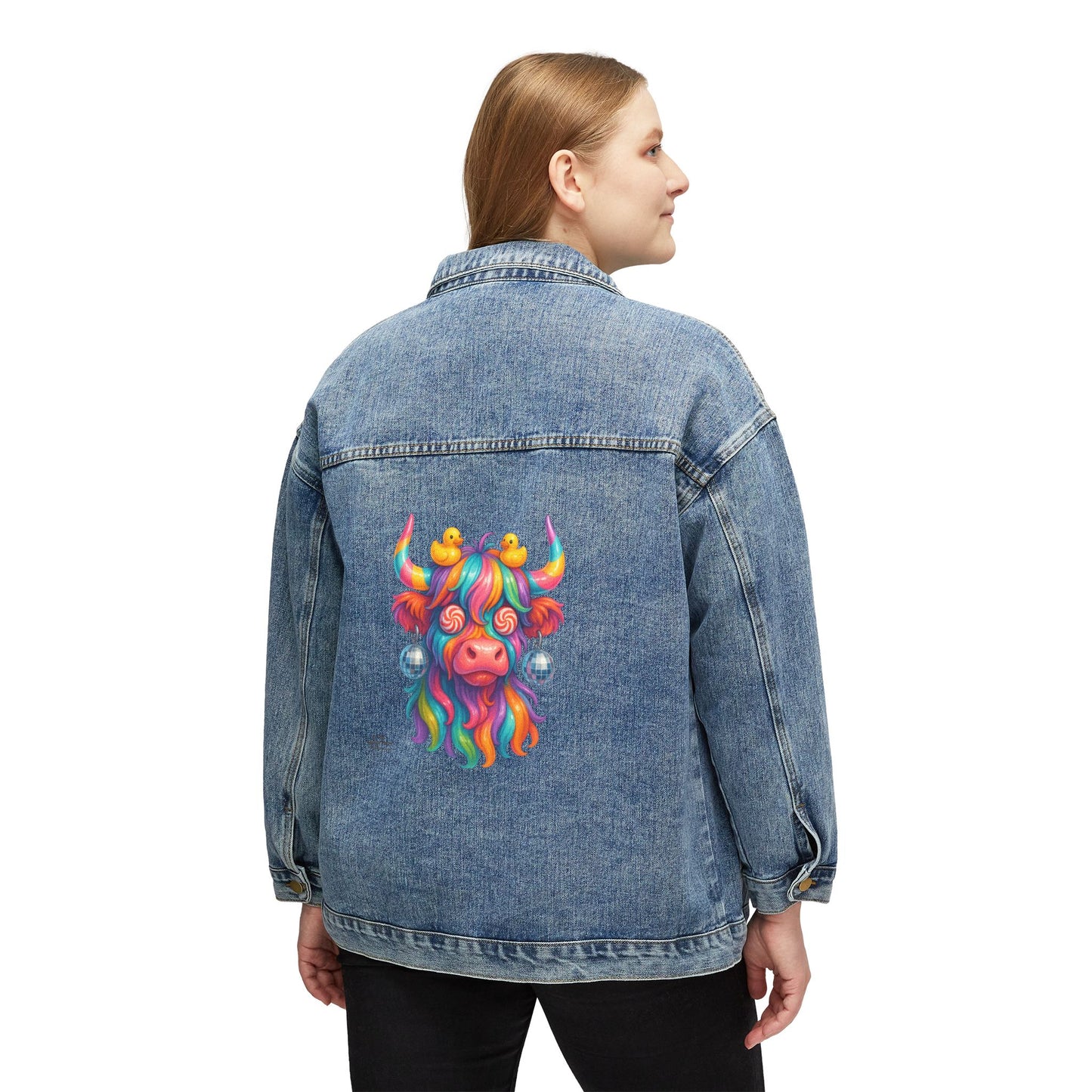 Women’s Denim Jacket with Colorful Rainbow Highland Cow Back Art