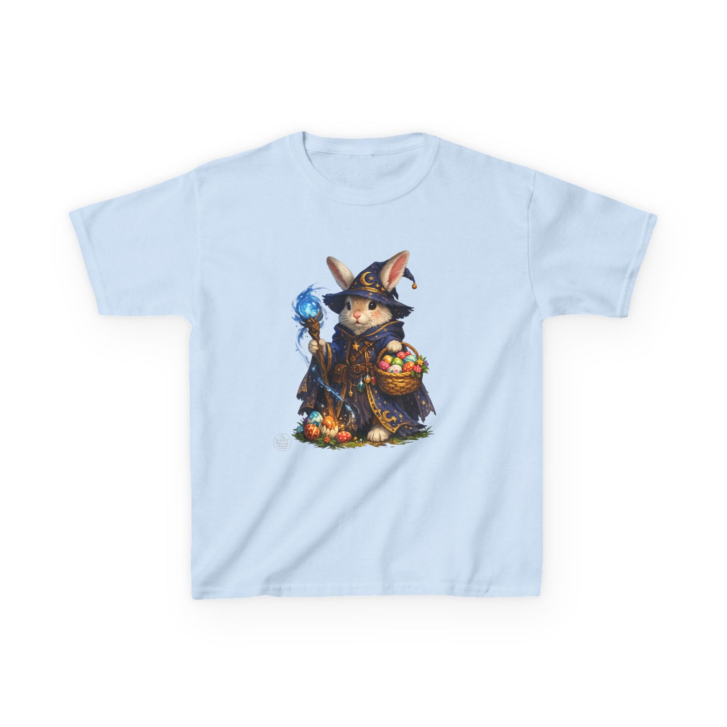 Kids Wizard Bunny T-Shirt — Cute Magic Rabbit with Staff & Basket of Treats