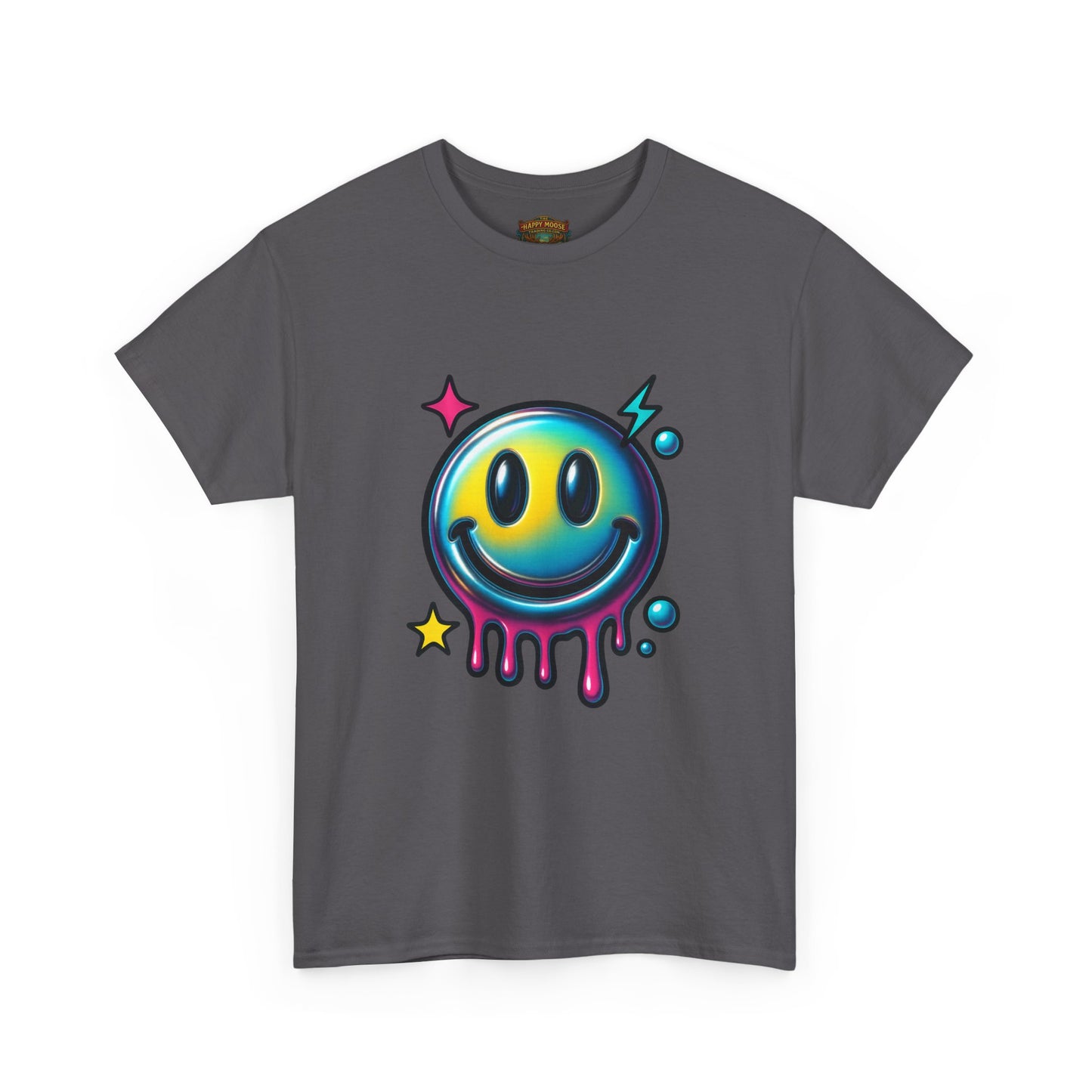 Smiley Drip Graphic Tee — Neon Melting Smiley Face T-Shirt