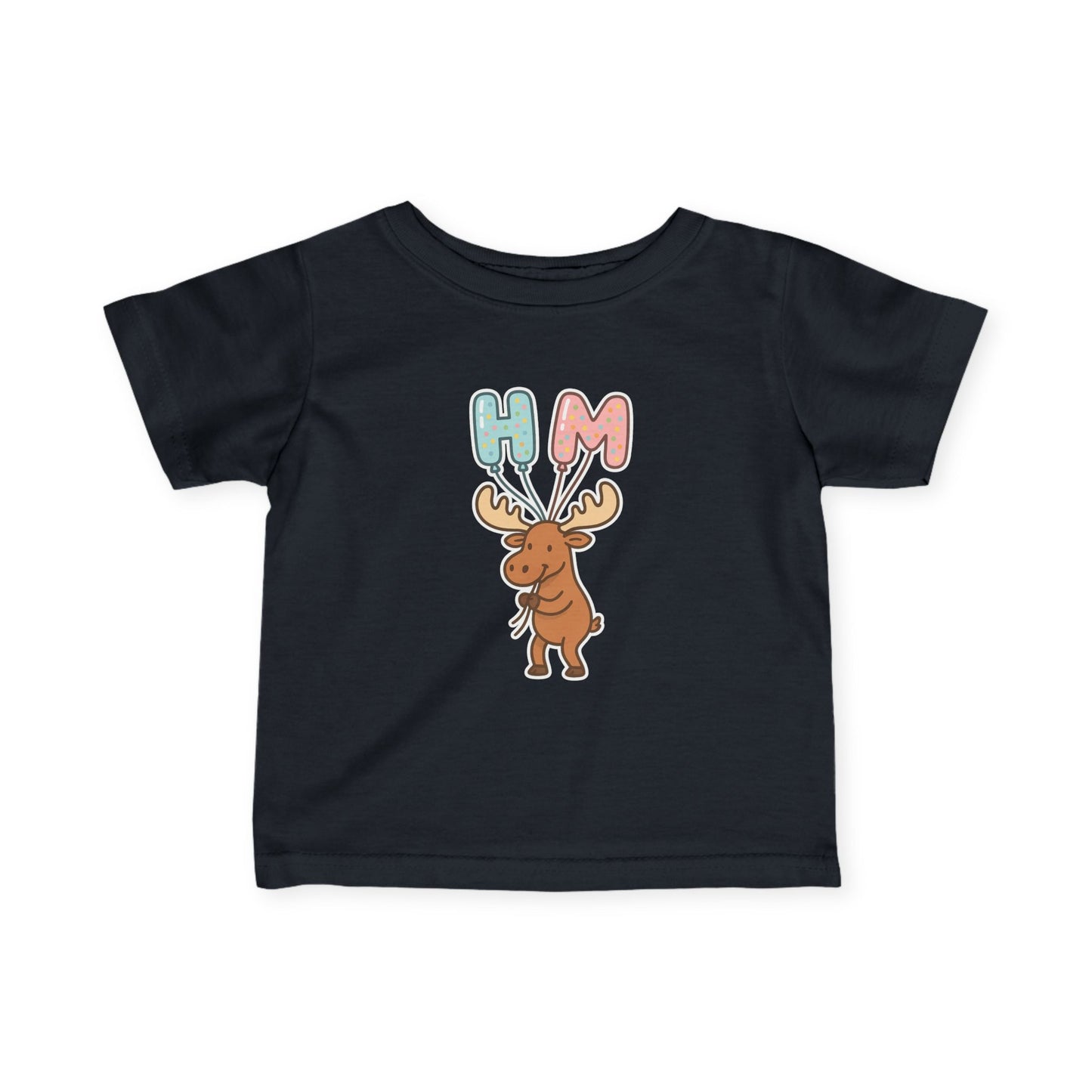 Baby Tee — Cute Moose Holding 'HM' Heart Balloons | Infant Graphic Shirt