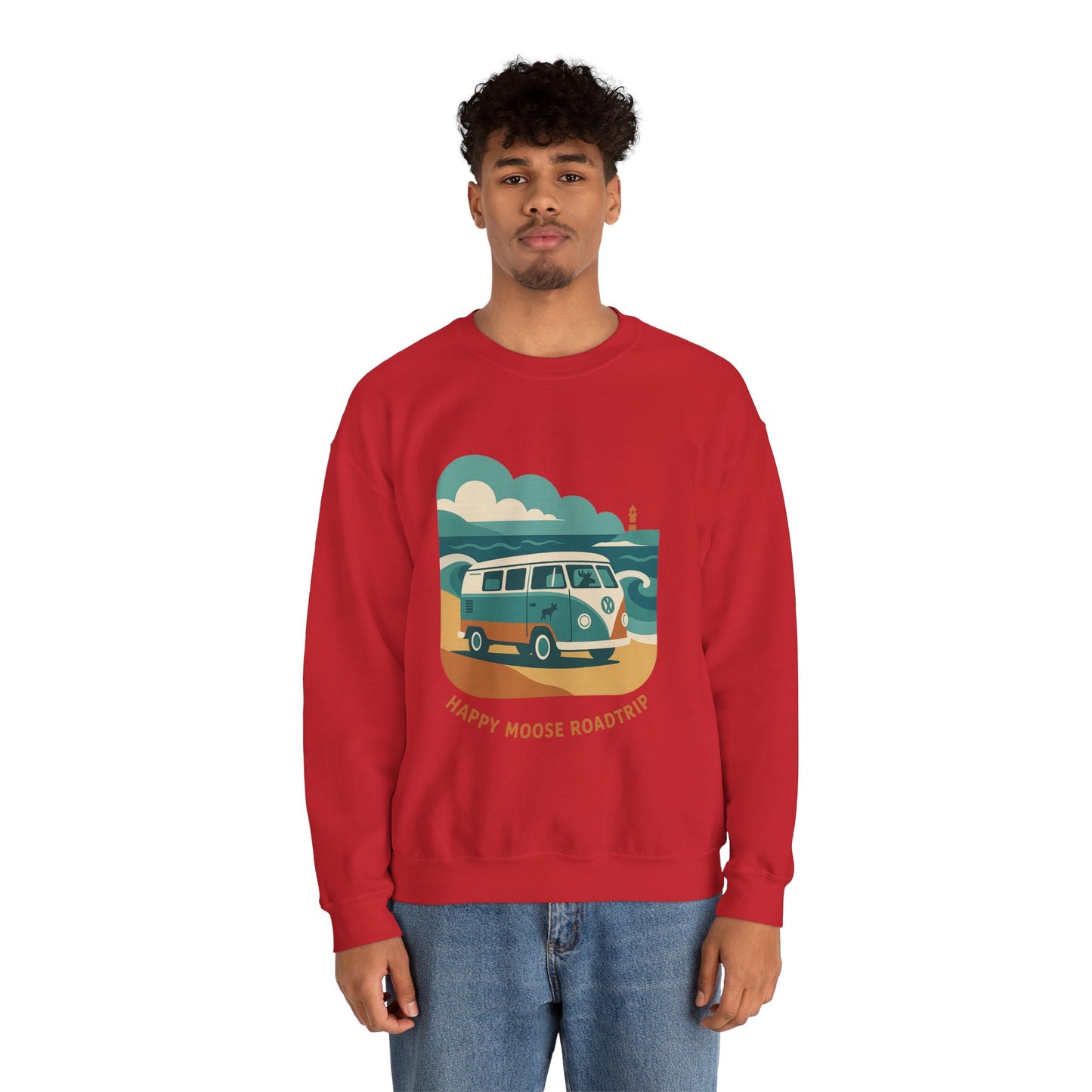 Road Trip Crewneck Sweatshirt — "Happy Moose Roadtrip" Vintage Van Graphic